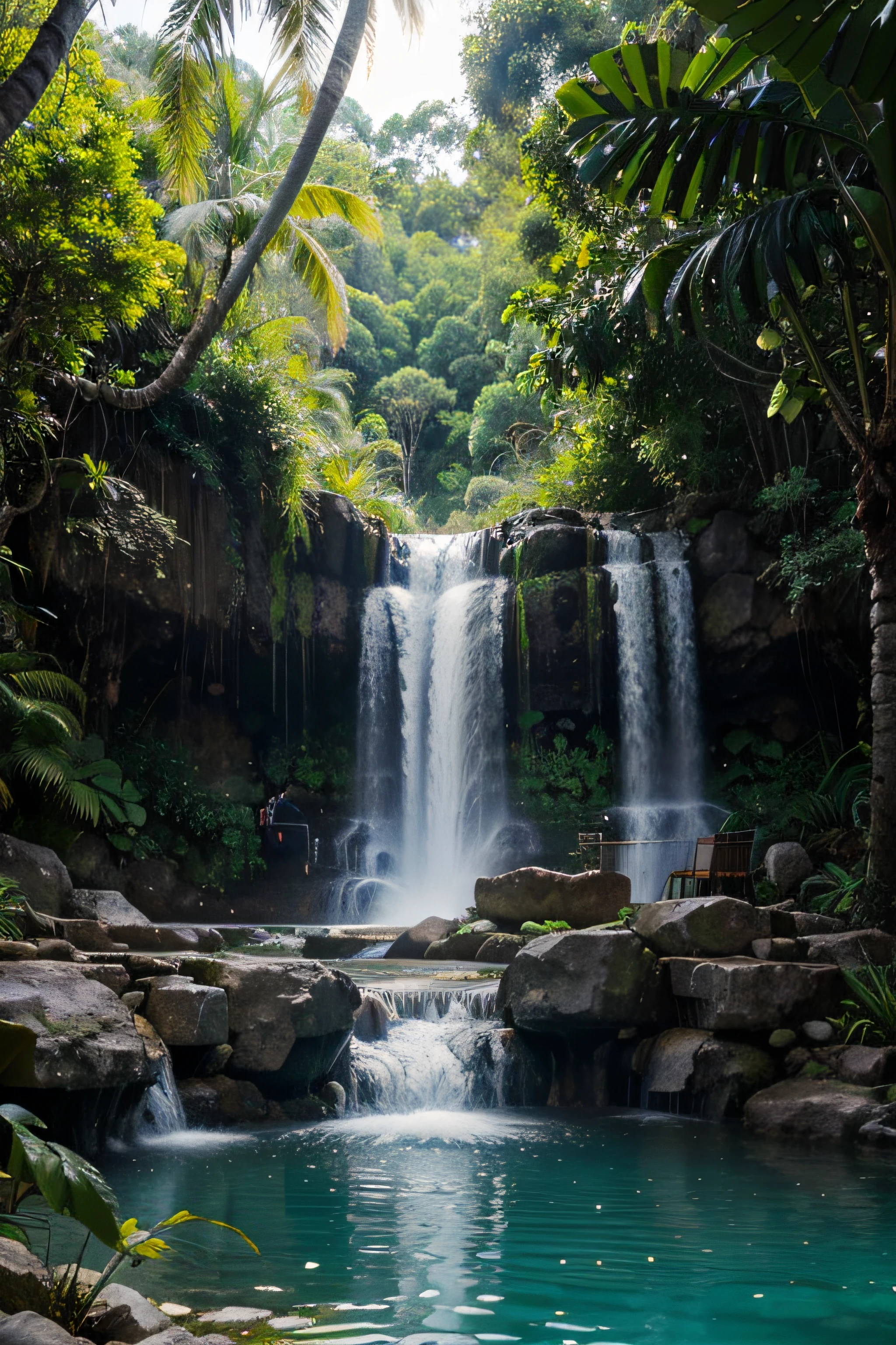 Tropical Waterfall Oasis: A hidden oasis with a cascading waterfall spilling into a crystal-clear pool, surrounded by vibrant tropical foliage and flowers.