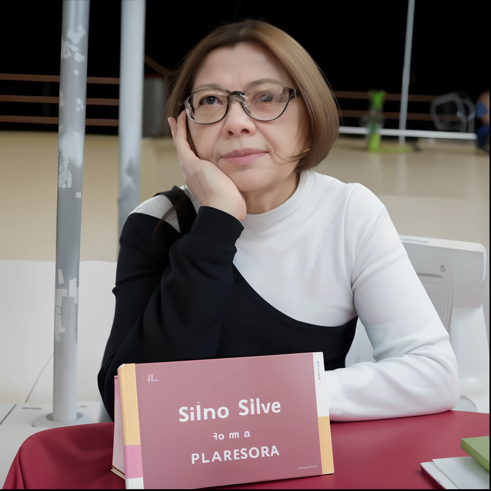 arafed woman sitting at a table with a book and a sign, by Silvia Pelissero, by Viktor Oliva, luiz escanuela, fernanda suarez, by Silvia Dimitrova, laura sava, by Emerson Silva, by Ludovit Fulla, nicola salvior, by Maria Helena Vieira da Silva, carola rubio