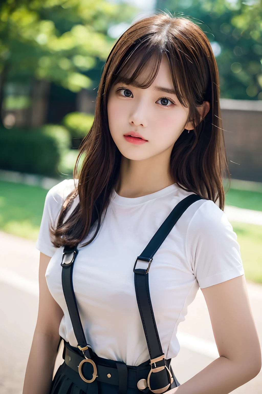 ​masterpiece、flat-colors、depth of fields、lens flare 1 girl、、Brown hair、watching at viewers　　　black suspenders　　　bulging big breasts　　　 　 Armpit sweat　perspiring　Side of both hands　　walls: 　Black miniskirt　garterbelts　　　　　　Gaze　　　Small face　Bangs Upper Eyes　flank　　Rat-colored eyes　　holster　　Belt Cutter Shirt