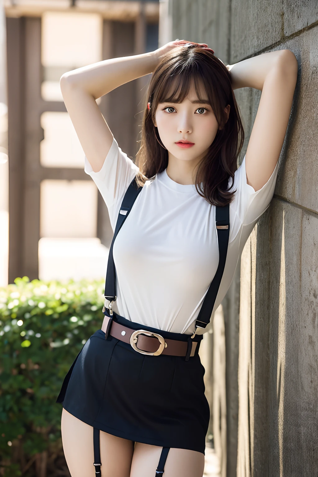 masterpiece、flat-colors、depth of fields、lens flare 1 girl、、Brown hair、watching at viewers black suspenders bulging big breasts Armpit sweat perspiring Side of both hands walls: Black miniskirt garterbelts Gaze Small face Bangs Upper Eyes flank Rat-colored eyes holster Belt Cutter Shirt