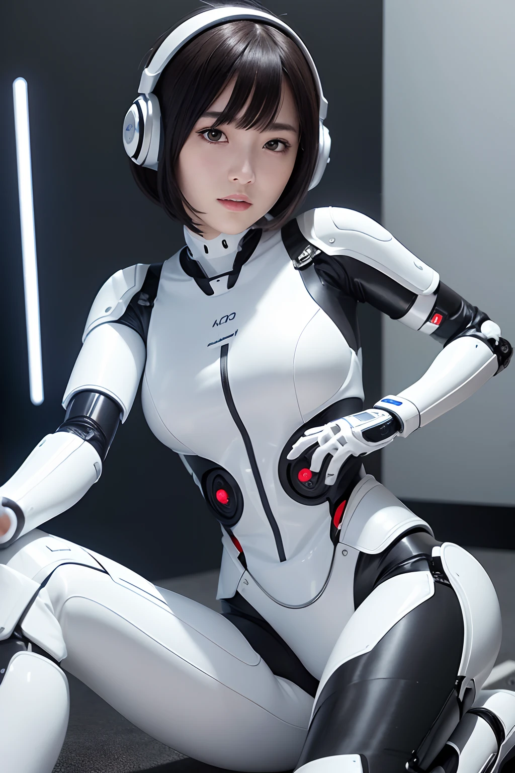 Best quality, masterpiece, ultra high res, (photorealistic:1.4), raw photo, 1girl,Japaese Cyborg Girl,fullbody image ,Plump , White boots,announcer,headset on head,control panels,android,Droid,Mechanical Hand, ,Bokeh,clothes with a sense of mechanical technology, Robot arms and legs, Black Robot Parts,Black hair,Mechanical body,rompers,Blunt bangs,White abdomen,White robotics parts,perfect robot girl,ceramic body,lie down on a stretcher