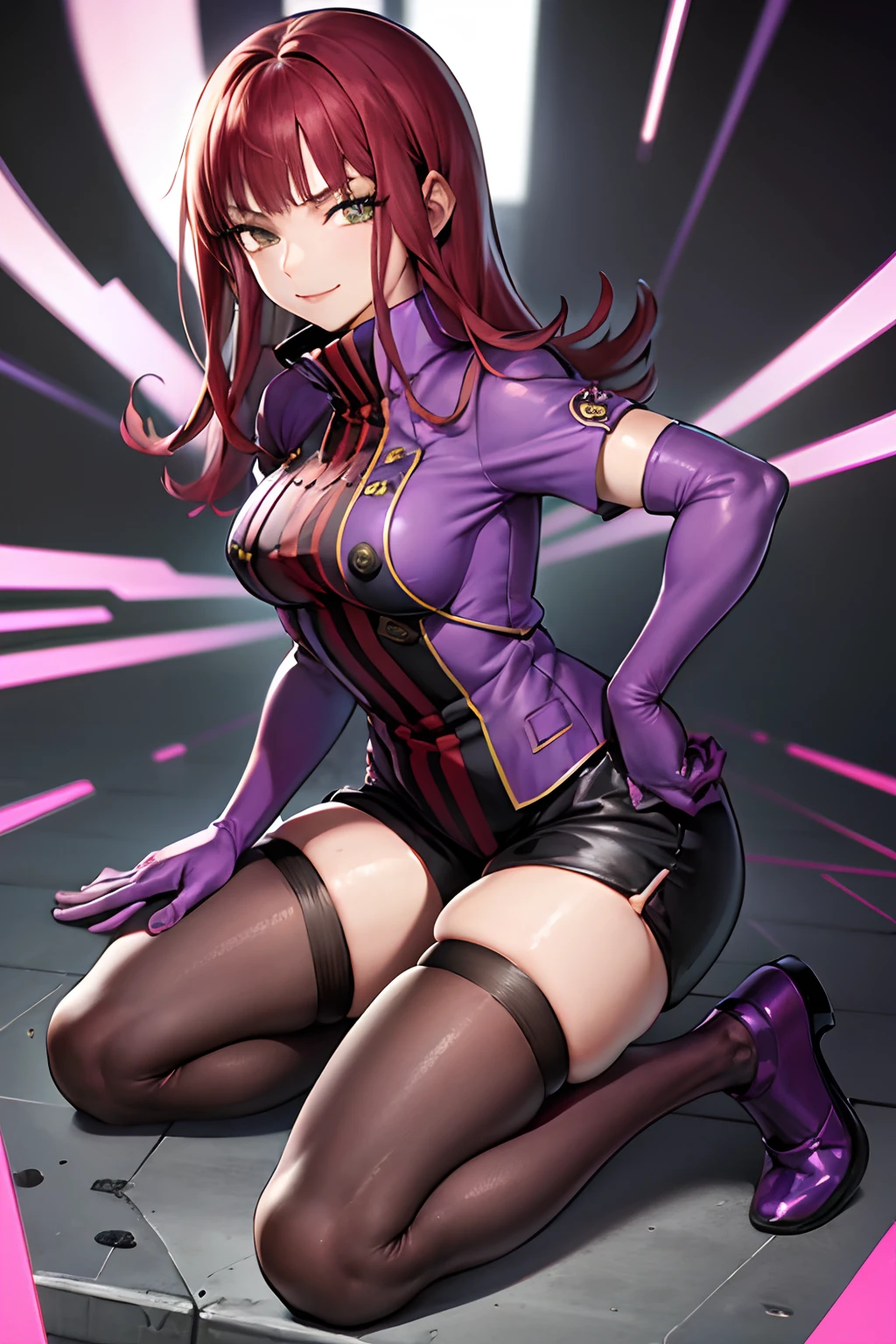 masutepiece, Best Quality, absurderes, Perfect Anatomy, 1girl in, Solo, Yoko Katori, Long hair, purple thighhighs, elbow groves, Purple gloves, Black shorts, uniform, thigh holster, Kneeling, Smile,