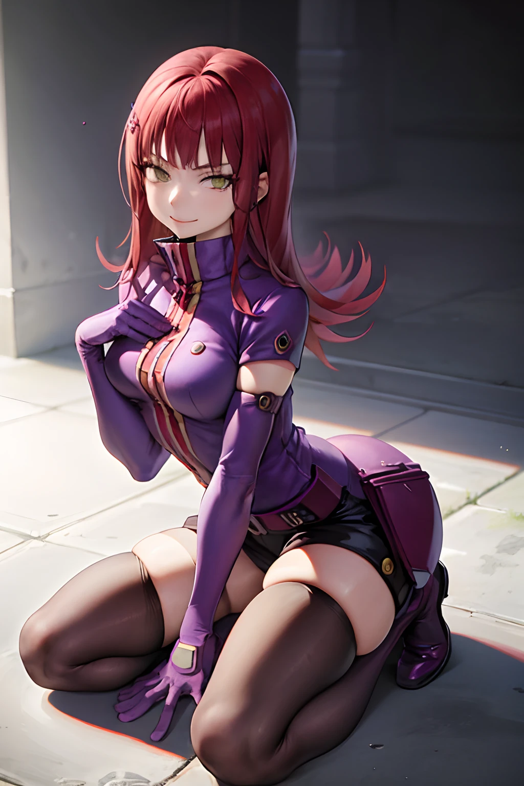 masutepiece, Best Quality, absurderes, Perfect Anatomy, 1girl in, Solo, Yoko Katori, Long hair, purple thighhighs, elbow groves, Purple gloves, Black shorts, uniform, thigh holster, Kneeling, Smile,