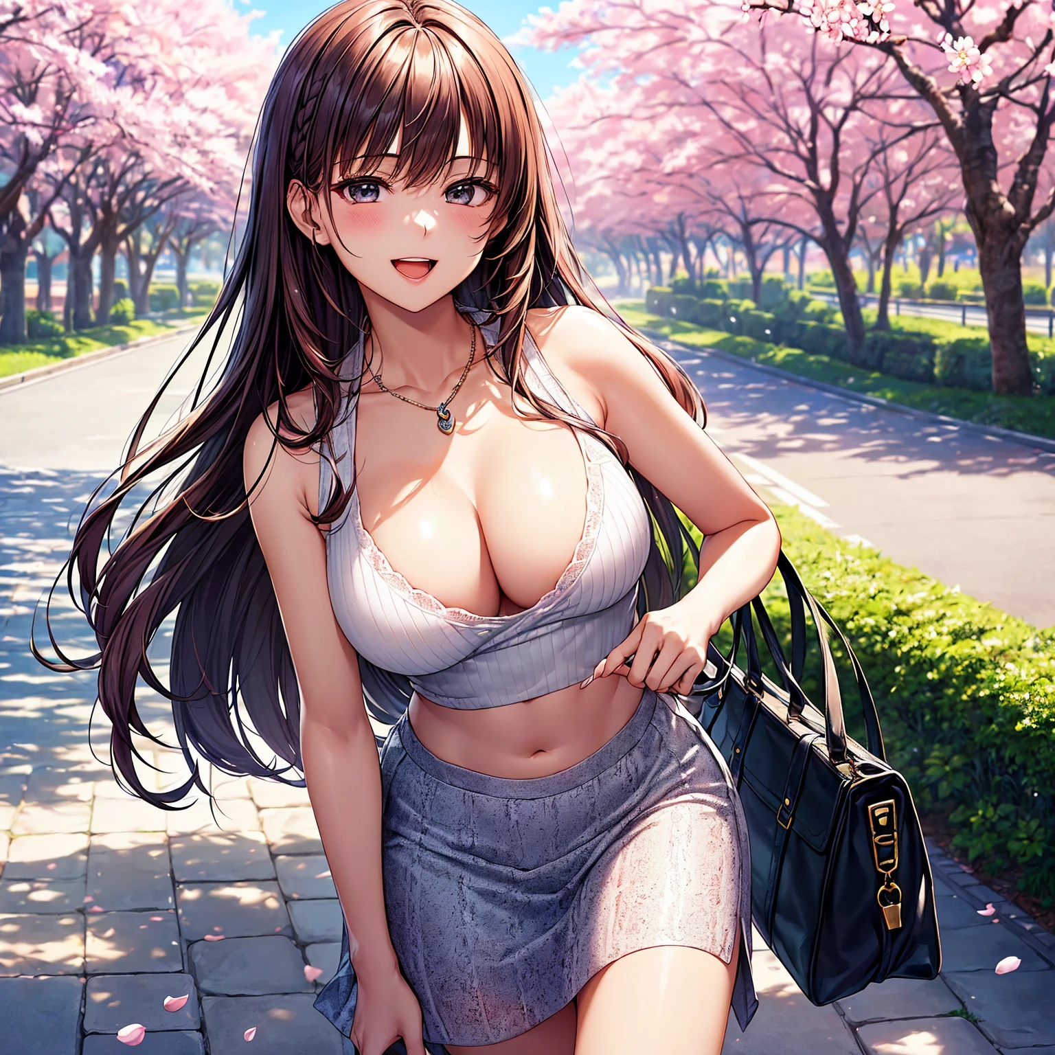 (top-quality、masterpiece、very high res、An ultra-high picture quality、High quality pixels)、(She is a woman of perfect and ultimate beauty, And she is 18 years old,1 person,Single,独奏:1.5)、(She is a very beautiful woman with a beautiful face)、(Beautiful face written in detail,Beautiful body,Beautiful hair,Beautiful skin texture)、(Beautiful hair quality,Variety of hairstyles)、(She has a slender figure and her breasts are D cups)、(lovely smile,Smile, Open mouth,),(Sleeveless knitwear,pleatedskirt,1 diamond necklace,1 handbag,shoulders are exposed),(A path lined with flourishing cherry blossom trees,Cherry blossoms in full bloom),(model poses,modelshoot,Magazine shooting),The wind is blowing、Beautiful Art Style, an animated character、(The whole picture、Detailed picture、accurate anatomy、Defect-free images、extremely detailed picture、Accurate images、Perfect Image 1.5)、(Best Shot Photo 1.2)