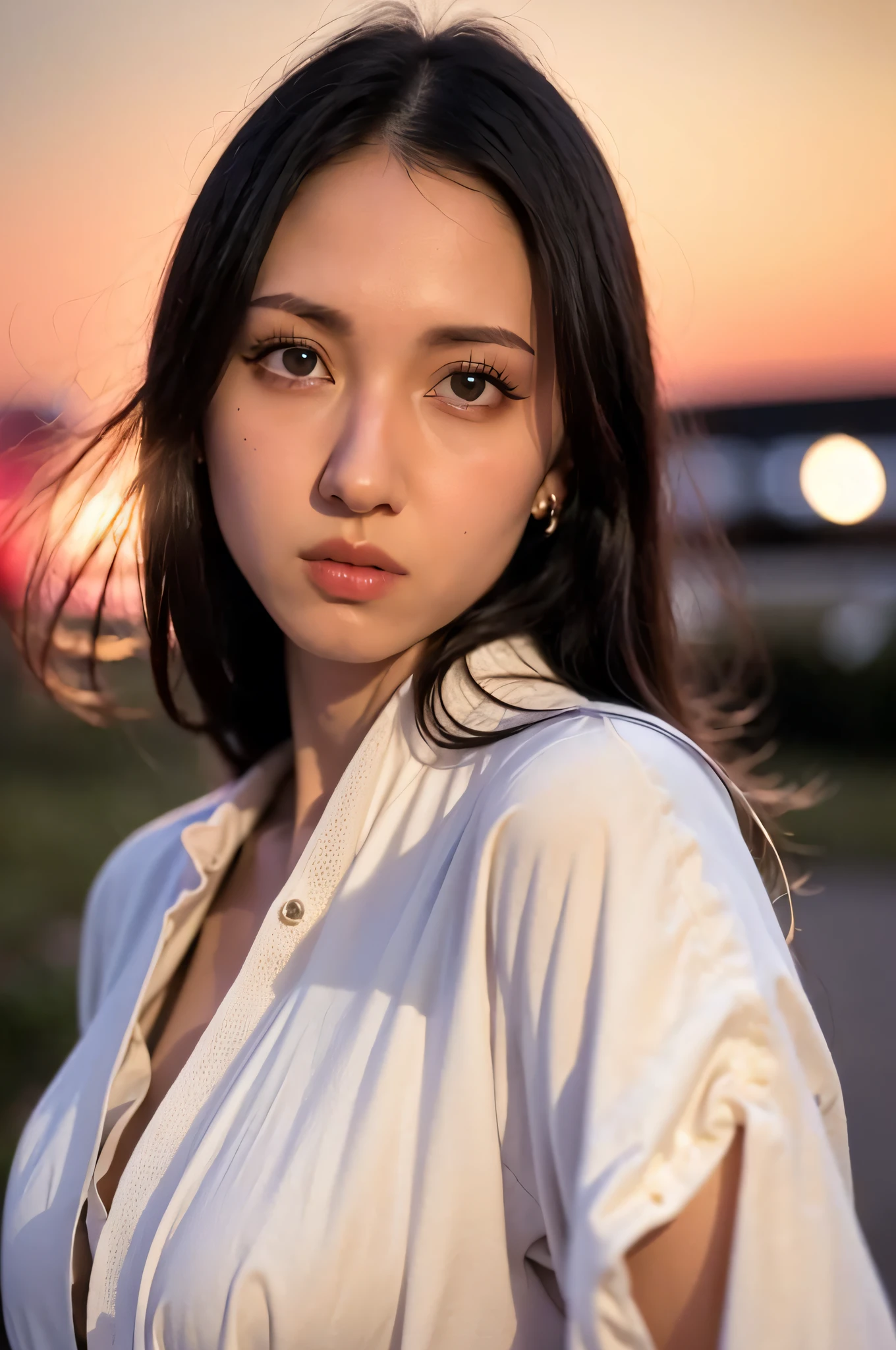 1girl,(wearing blouse and long jacket:1.2),(RAW photo, best quality), (realistic, photo-realistic:1.4), masterpiece, an extremely delicate and beautiful, extremely detailed, 2k wallpaper, Amazing, finely detail, extremely detailed CG unity 8k wallpaper, ultra-detailed, highres, soft light, beautiful detailed girl, extremely detailed eyes and face, beautiful detailed nose, beautiful detailed eyes,cinematic lighting,at a park,city lights at night,perfect anatomy,slender body,