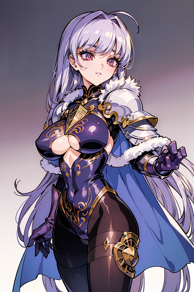 "(masterpiece:1.1), best quality,
1girl, (80s anime style:1.4), (eyelashes:1.5),
(intricate high detailed body:1.2),
purple hair,
(bangs:1.1), (long hair, drill hair:1.1), (hair ornament:1.2),
red eyes, (gothic makeup, red lip stick, eye shadow:1.1),
( body:1.2), (gigantic breasts:1.1),
grin,
(silver embroidery body suit armor, underboob cutout:1.2), (pantyhose:1.3),
(knight armor, armored boots, capelet:1.2), (fur:1.1), (accessories:1.1), gloves,
standing, claw pose,
(upper body:1.1),
(simple white background:1.2)"