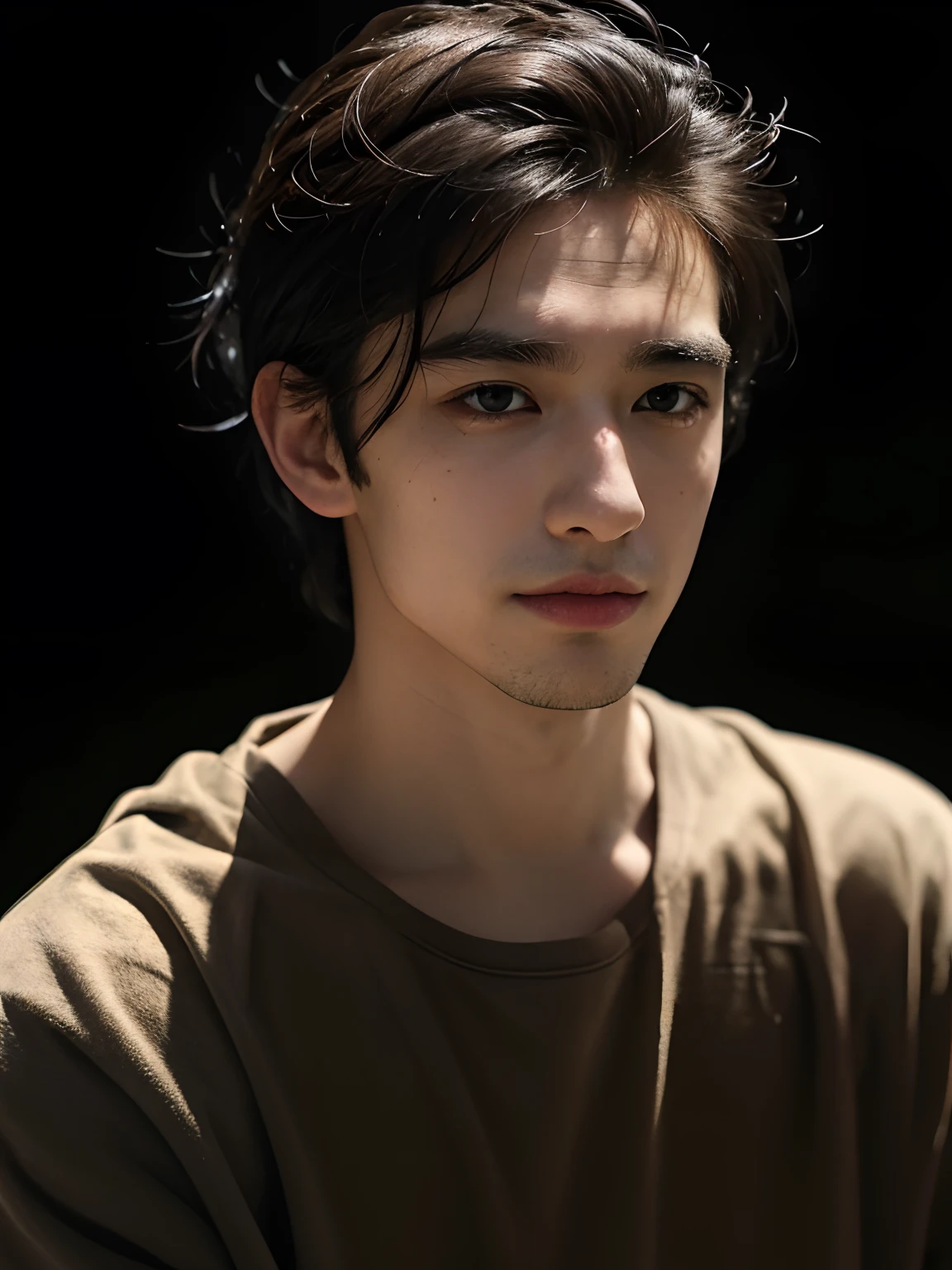 Best Quality, masutepiece, japanes,japanese male,超A high resolution, (Photorealistic:1.5), Raw photo, In the Dark, deepshadow, lowkey, cold light, man face, 1 man, 1man, man, sharp jaw, Lips News, Eye shape like snake eye, Realistic, Men's shoulders, broad shoulders, Black hair, Black hair, Mohawk mowing, Mohawk undercut, Mohawk trimmed undercut hair, smirking face, the presence of wounds on the chicks,, neck tattoos, Wearing a black hoodie, masculine, arrogant face, Look sexy, a cool, Cool Face, Mostly faces, Half Body Portrait, Brown background, sharp eye, White skin, Brown Eye, Looks like a 21-year-old man, realisitic,