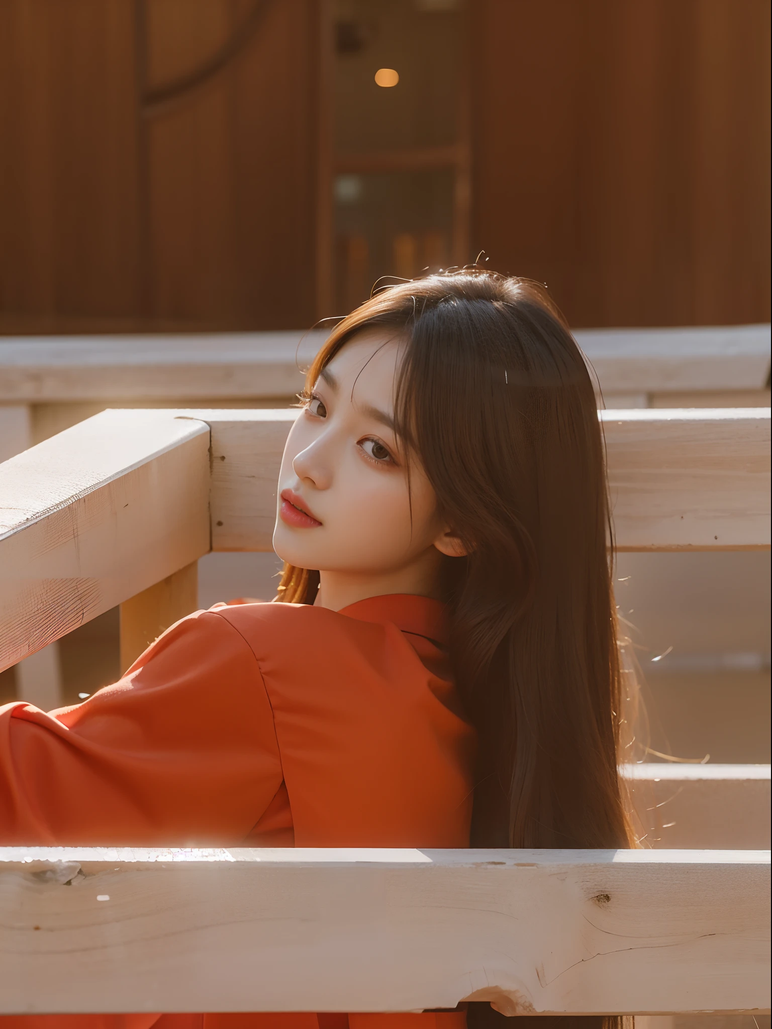 The long-haired woman leaned against the railing，With his eyes closed, bae suzy, On a sunny day, krystal, portrait jisoo blackpink, hot with shining sun, girl wears a red dress, shot at golden hour, Wearing a red cheongsam, Portrait shooting, photoshoot, Album art, ulzzangs, jisoo of blackpink, red velvet, jisoo from blackpink，Open，largeeyes，