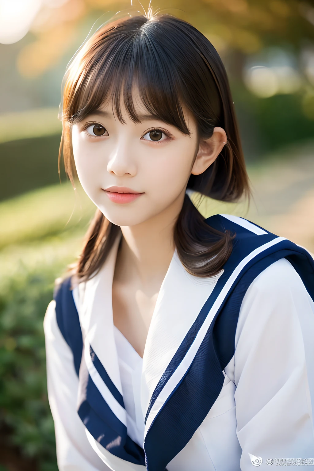 tmasterpiece，top-quality，offcial art，Highly detailed CG Unity 8K wallpapers，Japan female students， girl，Very delicate beautiful，超A high resolution，（realisticlying：1.4），Golden Hour Lighting，(Platinum Shorthair：0.8），（Puffy eyes），Tear bag、looking at viewert，facing front，ssmile，(white  shirt、Sailor School Uniform、Navy blue pleated skirt:1.2)，Beautie、Beautiful and sexy body shape、The shirt boosts long black hair，（TOKYOcty:1.5）， closeup cleavage， tmasterpiece， best qualtiy， RAW photogr， realisticlying， (With a cute face in the style of a Japan idol:1.2)， incredibly absurd res， Buatigarh， depth of fields， hight resolution， ultra - detailed， finedetail， Very detailed， extremely detailed eye and face， Sharp pupils， pupil realistic， tack sharp focus， cinmatic lighting