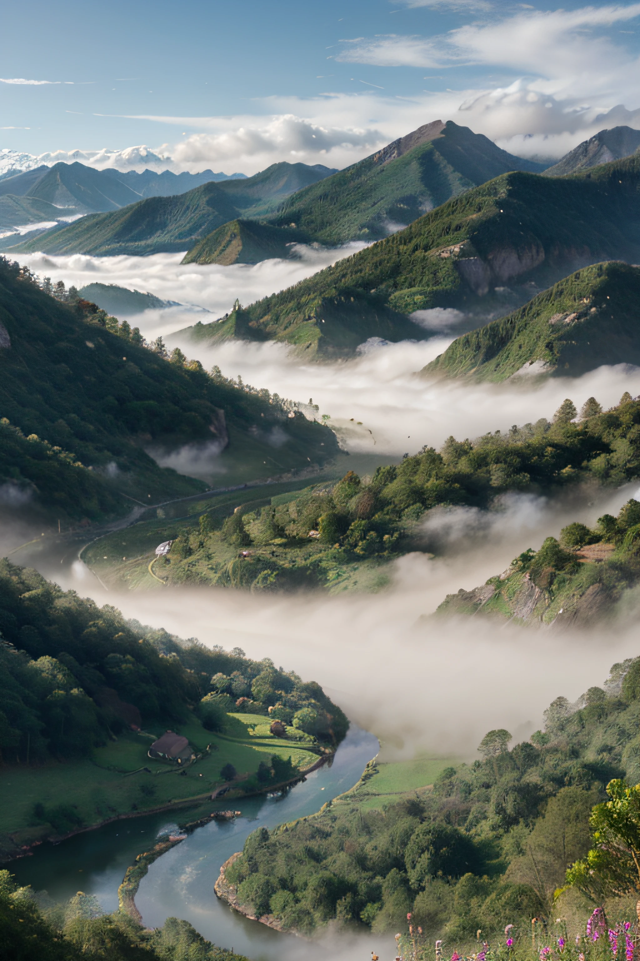 Misty Mountain Valley: Envision a serene mountain valley, with peaks rising above a sea of morning mist, hinting at the lush greenery and meandering rivers below.