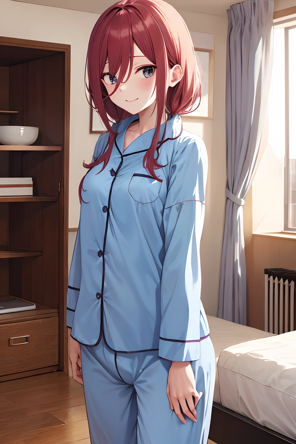 masutepiece, Best Quality, hight resolution, NM1, ,Wear blue pajamas, long-sleeve, Cowboy Shot, Standing, Apartment Room, Indoor