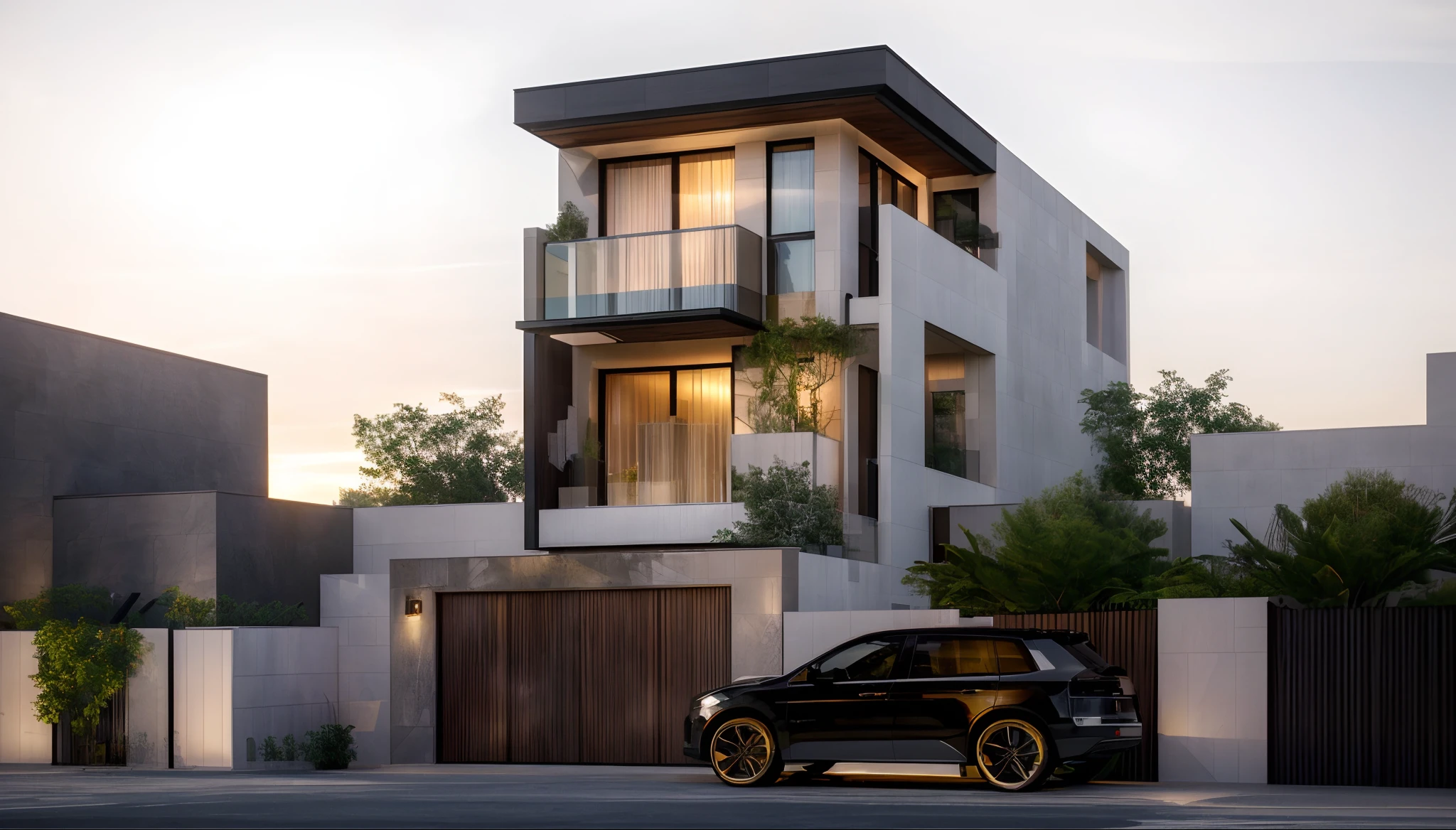 villa modern, Realistic, modernvilla,woodandbrick, exterior, sunset,glass railing,architecture,wall white, tone black, RAW photo, 8k uhd, dslr, (high detailed skin:1.3), soft lighting, ultra quality, film grain, Fujifilm XT3, sharp image, best quality, authentic, hight quality,