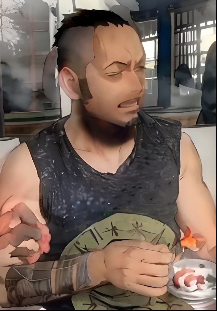 1boy, wanostyle, roronoa zoro, angry looking, katana, (one eye closed), scar across eye, green hair. solo, upper body, (((masterpiece))), ((best quality)), (extremely detailed), watercolor, illustration, depth of field, sketch, dark intense shadows, sharp focus, soft lighting, hdr, colorful, good composition, fire all around, spectacular, black eyes, japanese clothes,