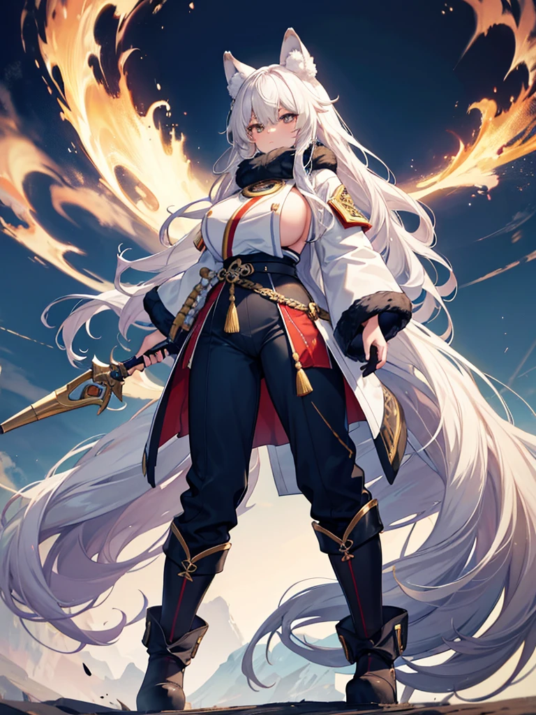 de pele branca, Massive, muscular girl, Kaiju, aggressive, Proud,long, wavy white hair,Long dark blue coat,very very gigantic boobs,muffler,Wolf Girl,Golden decoration,big tail,trouser,Big animal ears,Gigantic Weapon,long boots,Warm clothing,Clothes that are large in size,No skin exposure,Fluffy,genshin,