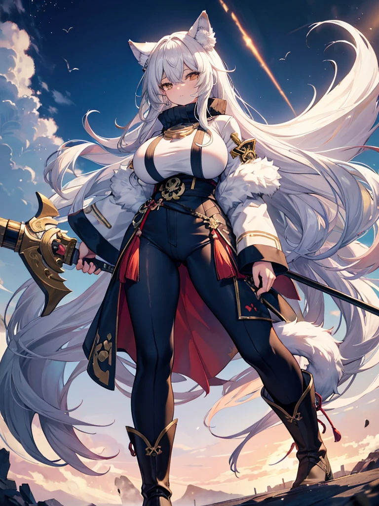 de pele branca, Massive, muscular girl, Kaiju, aggressive, Proud,long, wavy white hair,Long dark blue coat,very very gigantic boobs,muffler,Wolf Girl,Golden decoration,big tail,trouser,Big animal ears,Gigantic Weapon,long boots,Warm clothing,Clothes that are large in size,No skin exposure,Fluffy,genshin,