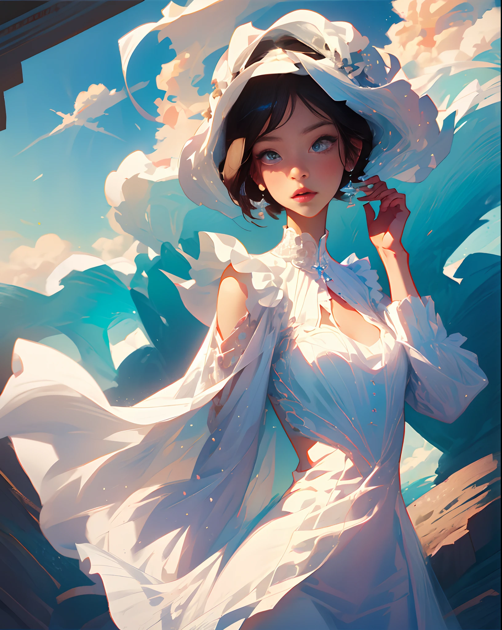 (Best Quality),[masutepiece],((Beautiful:0.75) Cute Girl:0.75),[Clear and clean] Pisif (Illustration),Short hair,White dress,view the viewer,Front lens,mont,cloud,
Romantic Rosette Dresses 2,