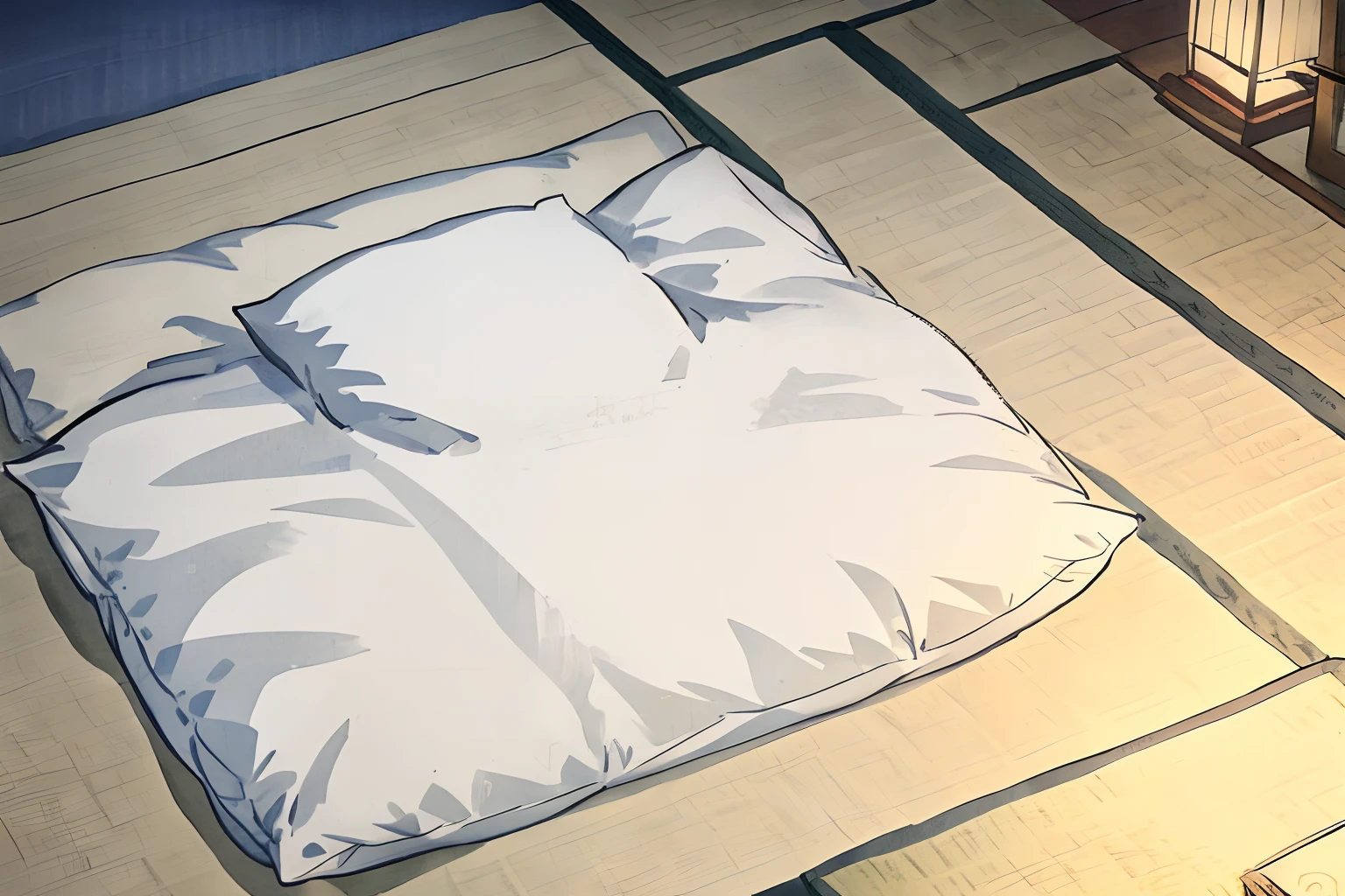 white futon, tatami, pillow, night time, no human,