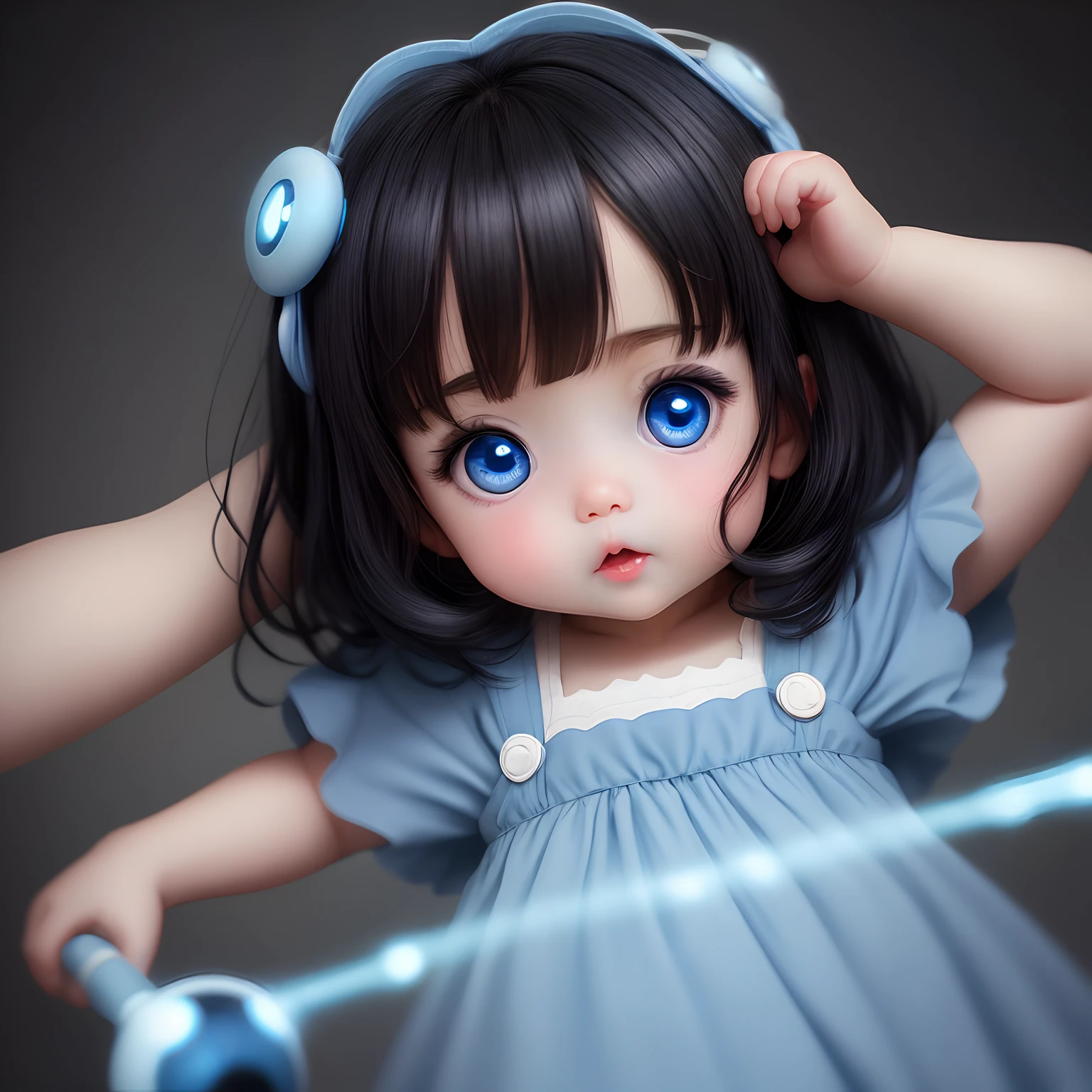 Baby in blue dress, with big innocent eyes with blue eye balls, black hair, Chairosuro lighting, with cinematic effect