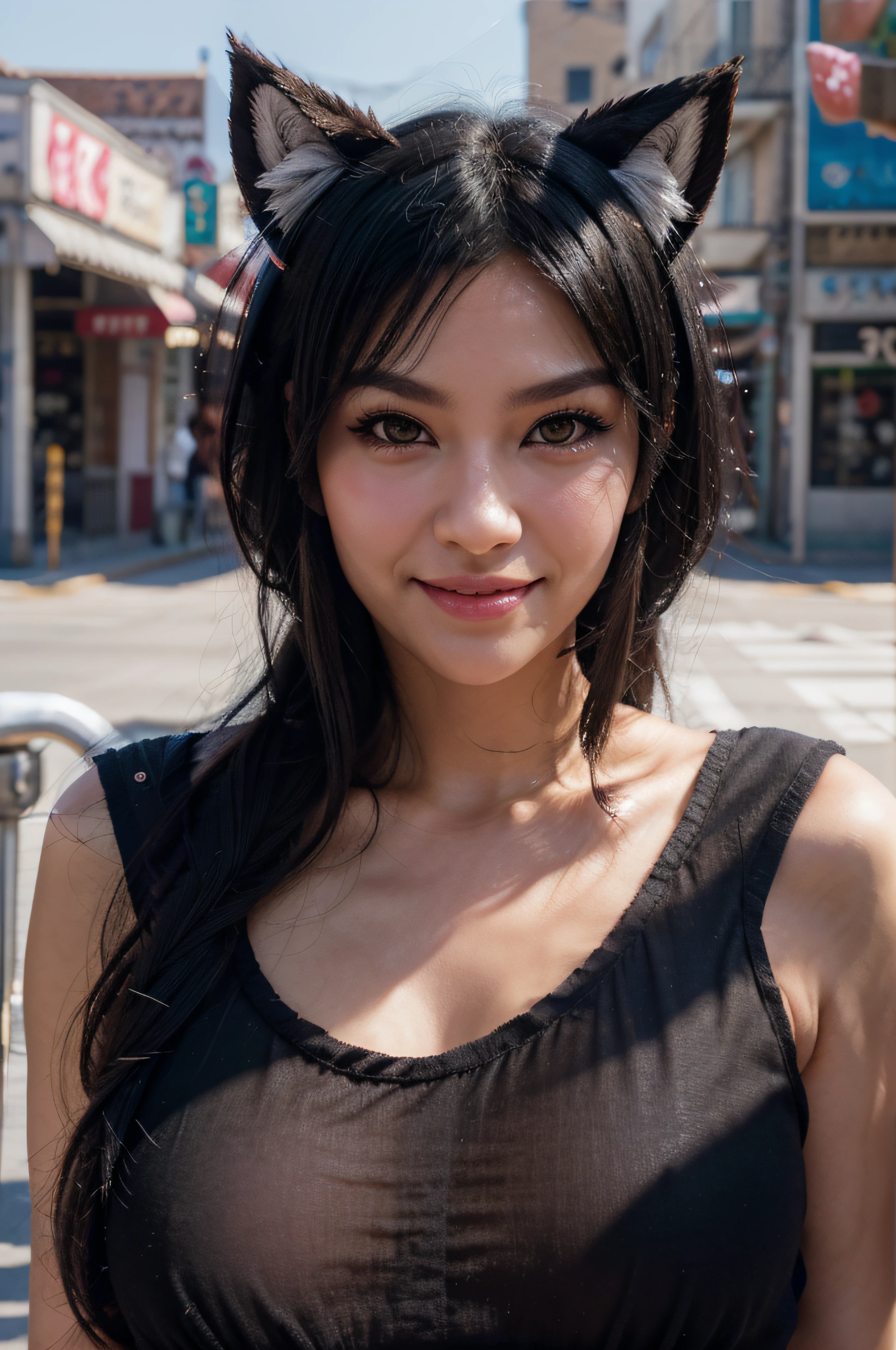 black hair, hair bobbles, wince, longeyelashes, solid circle eyes, fake animal ears, light smile, ear blush, fang, Surrealism, drop shadow, anaglyph, stereogram, tachi-e, pov, atmospheric perspective, 8k, super detail, ccurate, best quality