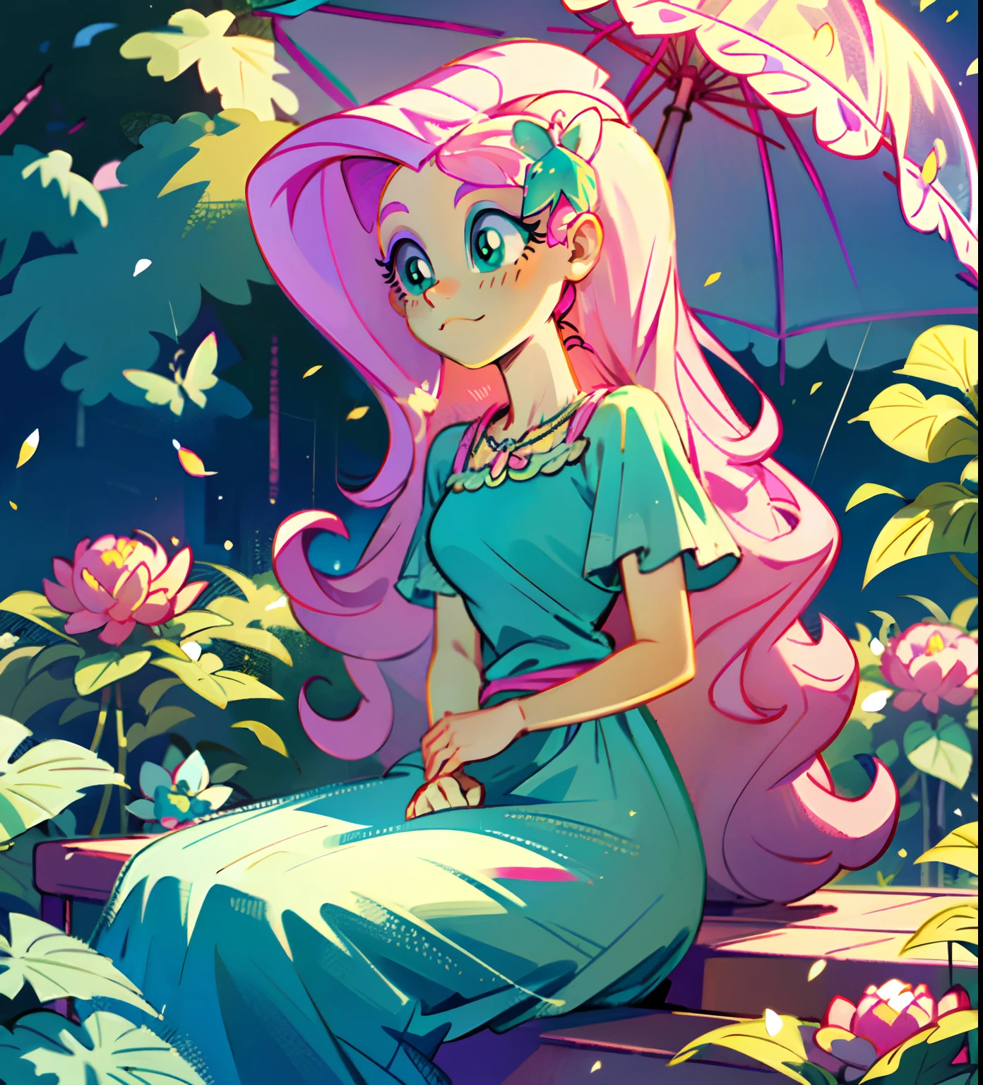 Fluttershy, fluttershy from my little pony, fluttershy in the form of a girl, lush breast, pink long wavy hair, soft smile, flowers, butterflies, (top quality, masterpiece, ultra-realistic), rainy day, raining, indoor in a green botanical garden, dome, lots of flowers, dense mass plants, the background landscape is a garden with petals, Dahlia peony flowers everywhere, turquoise eyes, turquoise eyeshadow, green dress, butterfly hair clip, detailed lighting, sunlight, yellow pure light, sitting, heavenly plants, hanging flower pots, pink and green flowers everywhere, flower crown, green glass dome, extremely long hair, (light yellow skin 1.5), yellow pony ears, golden lighting