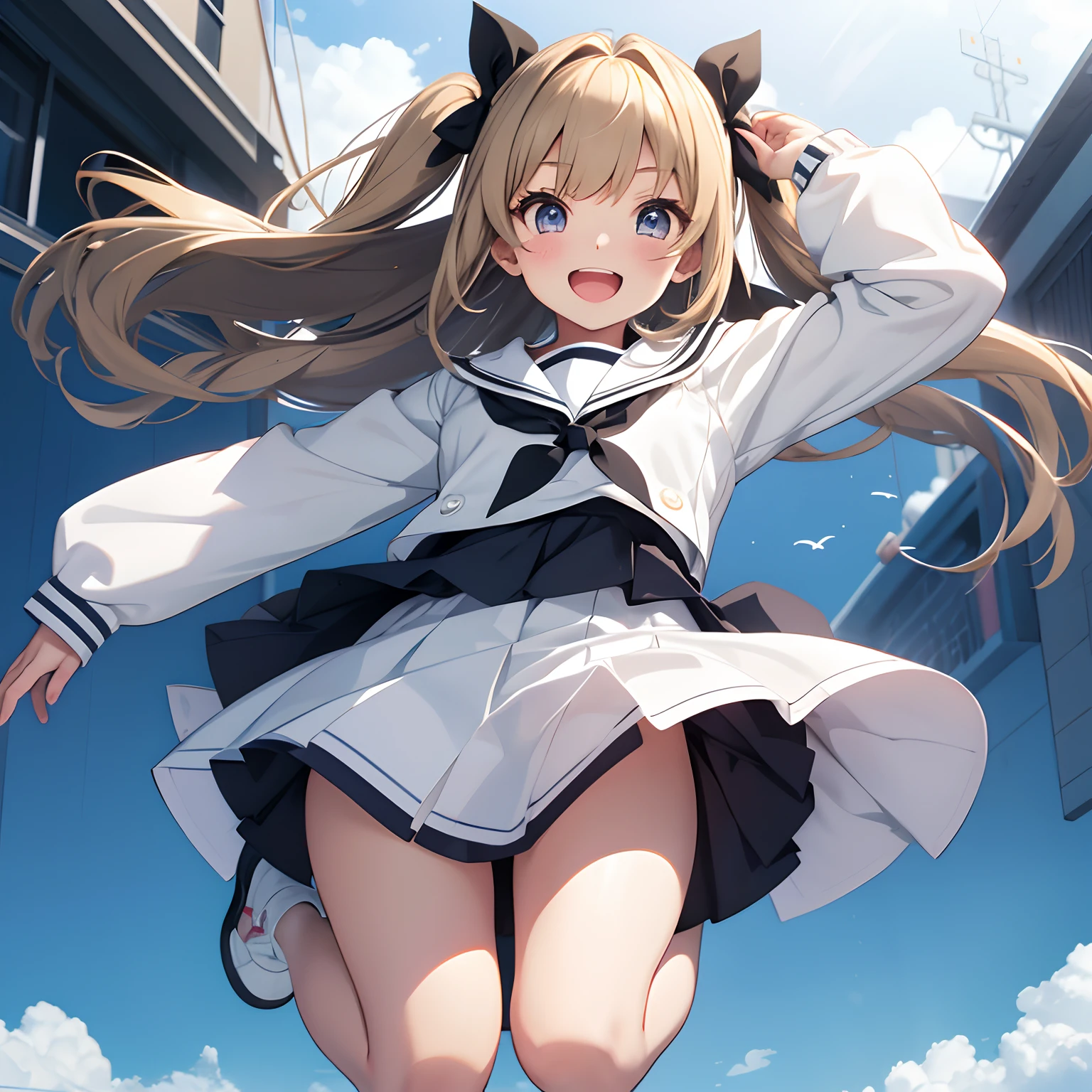 Jumping through the sky while laughing、Junior high school student in white long-sleeved sailor suit、Twin tails with dark blonde hair、a black ribbon、Single big eyes、animesque、