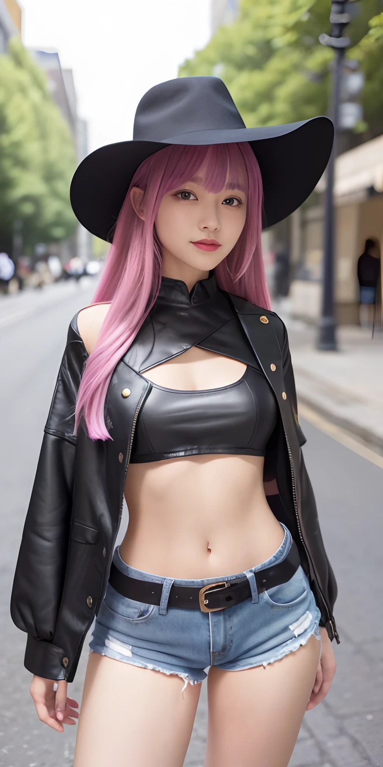 (Masterpiece: 1.6, Best Quality), (Fine and Beautiful Eyes: 1.2), (Overhead), High Quality, Beautiful Face, 1girl, Wide Shot, Black Crop Top, Tecateca Leather Tecateca Shorts, Long Leather Jacket, Open Shoulders, Pink Hair, Big Tits, Long Hair, Wide Hips, (Landscaped), Street, Background, Detail Background, Spooky Smile, A fished laugh at the corners of his mouth,