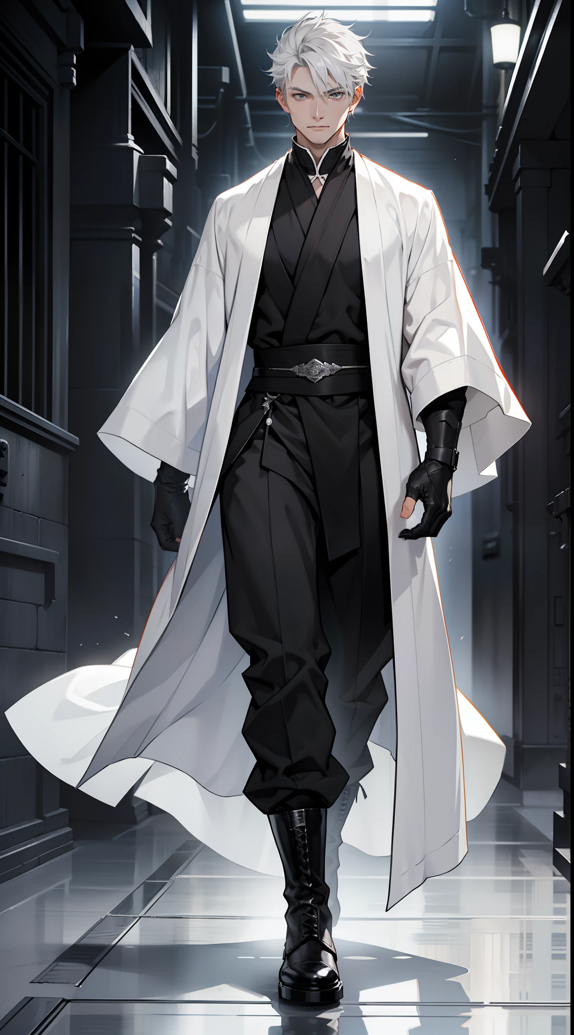 Short gray hair,long white robe,Black lining,Black handguards,Black boots,long trousers,White cardigan robe,facing at camera,Walking posture,k hd,Delicate facial features,white backgrounid,Full body like