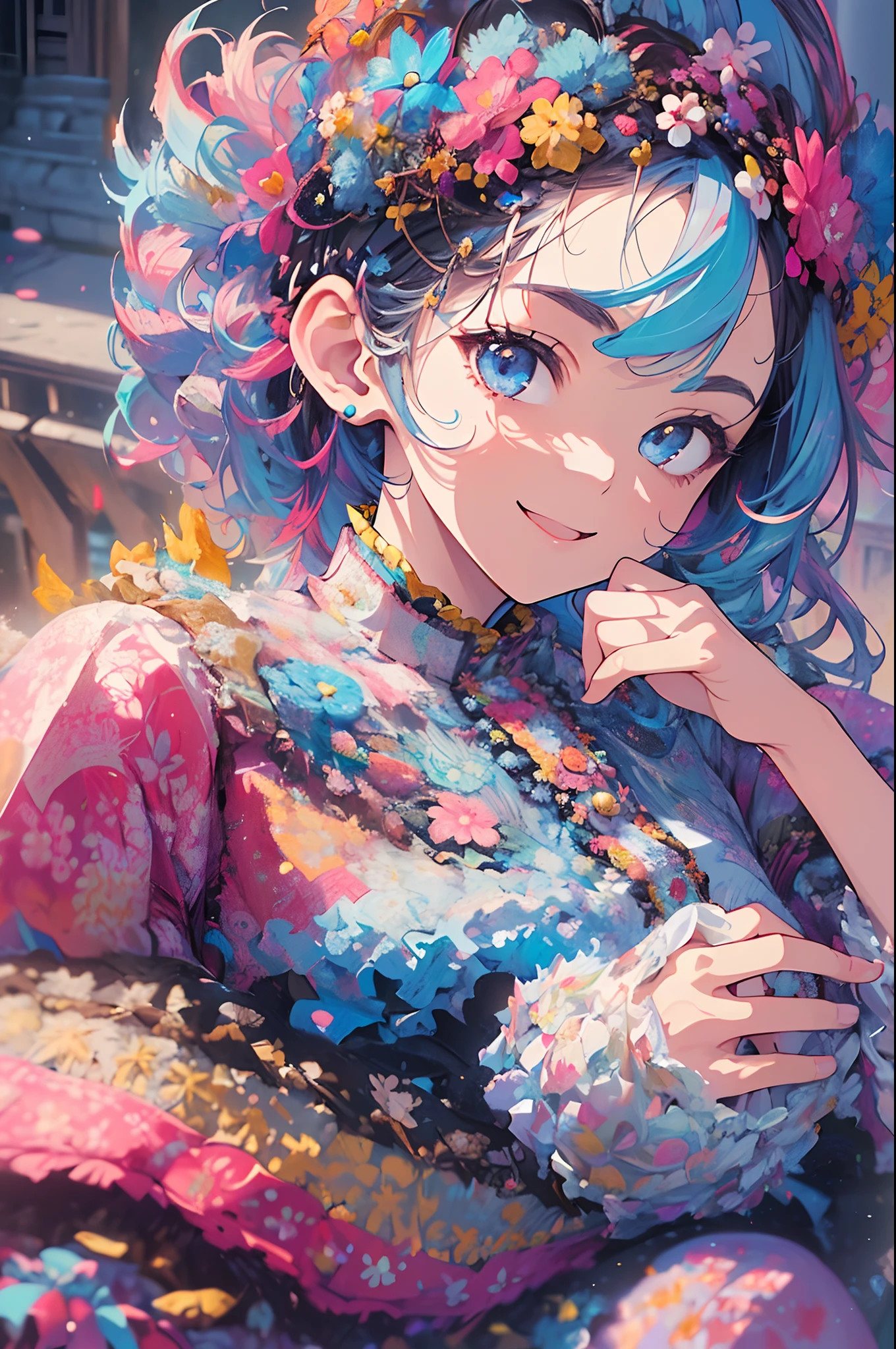 ((flowercrown),((Congratulations)),Flower bouquet,innocent smiles、eye glass、veranda、ancient city、(1 girl, Solo:1.6),(Cute smile),(Clothes are simple), (Best Impact:1.5), (maximalism:1.7), Vivid contrast, (Realistic), hyperrealistic illustrations, hight resolution, ultra-detailliert, absurderes,(Fractal Art:1.3)、Random hairstyle、Random hair color colorful、FULL BODYSHOT、Retro、Precise focus、randome pose、cinema4d、Drama