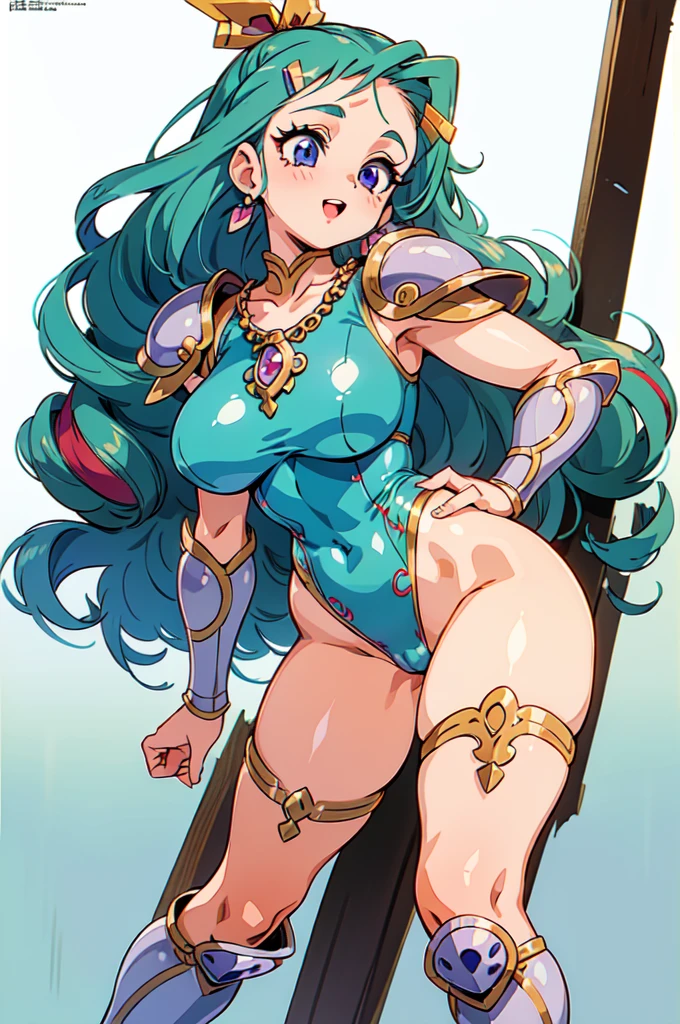 "(masterpiece:1.1), best quality,
1girl, (80s anime style:1.4), (eyelashes:1.5),
(intricate high detailed body:1.2),
aqua hair,
(forehead, parted bangs, hairclip:1.1), (long hair, drill hair:1.1), (hair ribbon:1.2),
purple eyes, (red lip stick:1.1),
(curvy body:1.2), (large breasts:1.1),
light smile, open mouth,
(silver embroidery leotard armor:1.2),
(knight armor, armored boots:1.2), (fur:1.1), (streaked hair:1.2), crystal necklace,
standing, hand on hip,
(upper body:1.1),
(simple white background:1.2)"