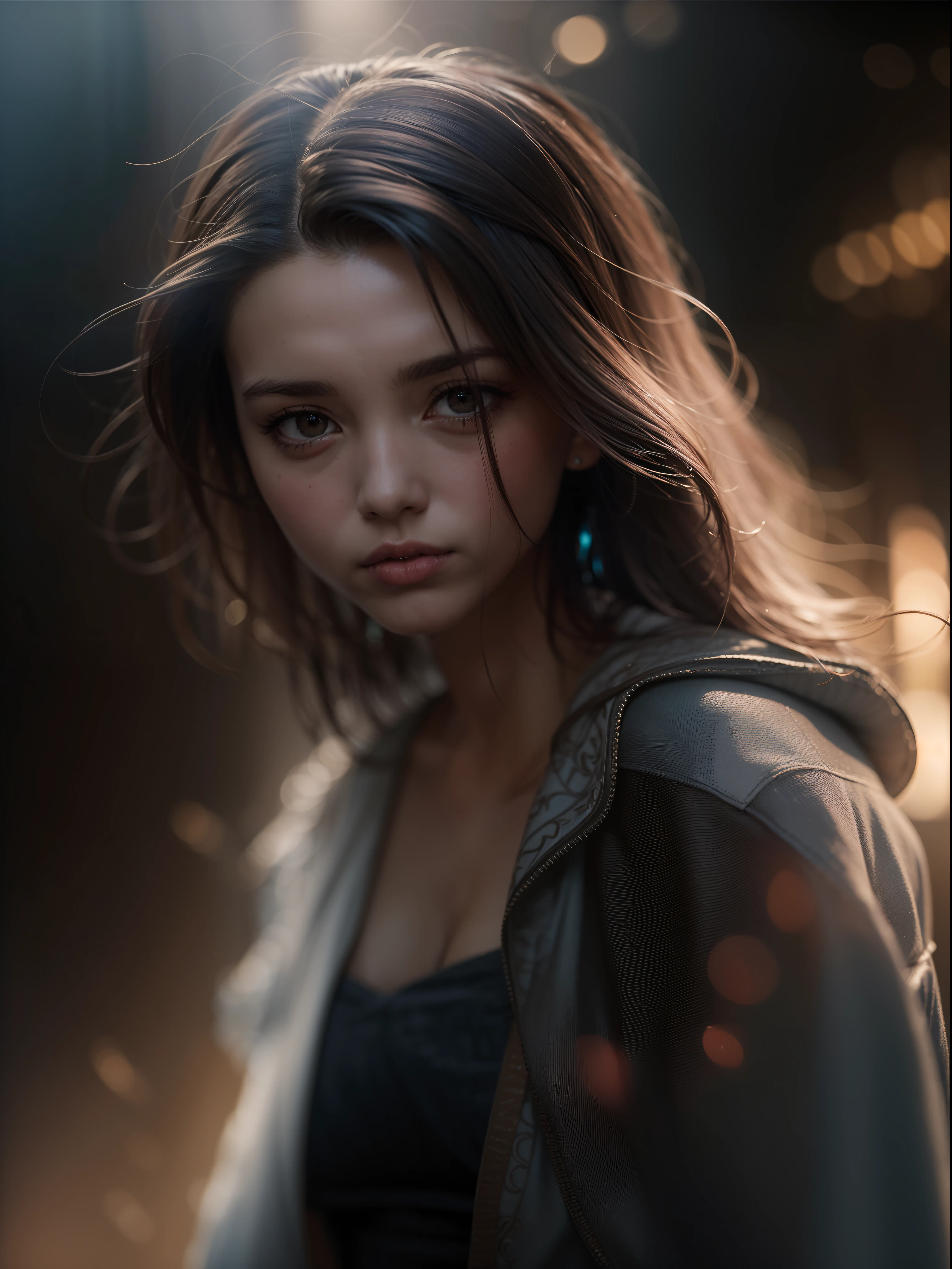 (best quality,4k,highres:1.2),ultra-detailed,realistic,photorealistic:1.37,A girl in a dark and moody setting,portrait blurred background,metallic outfit,shot with Sony Alpha 7 DSLR,beautiful detailed eyes,beautiful detailed lips,emotionally expressive face,long eyelashes,dark mysterious atmosphere,magical lighting,golden hour glow,reflective surface,high contrast,soft shadows,mysterious mist,subtle hints of fog,lens flare,chromatic aberration,rich and vibrant colors,dramatic pose with a slight tilt of the head,focus on the girl's face,subtle bokeh effects