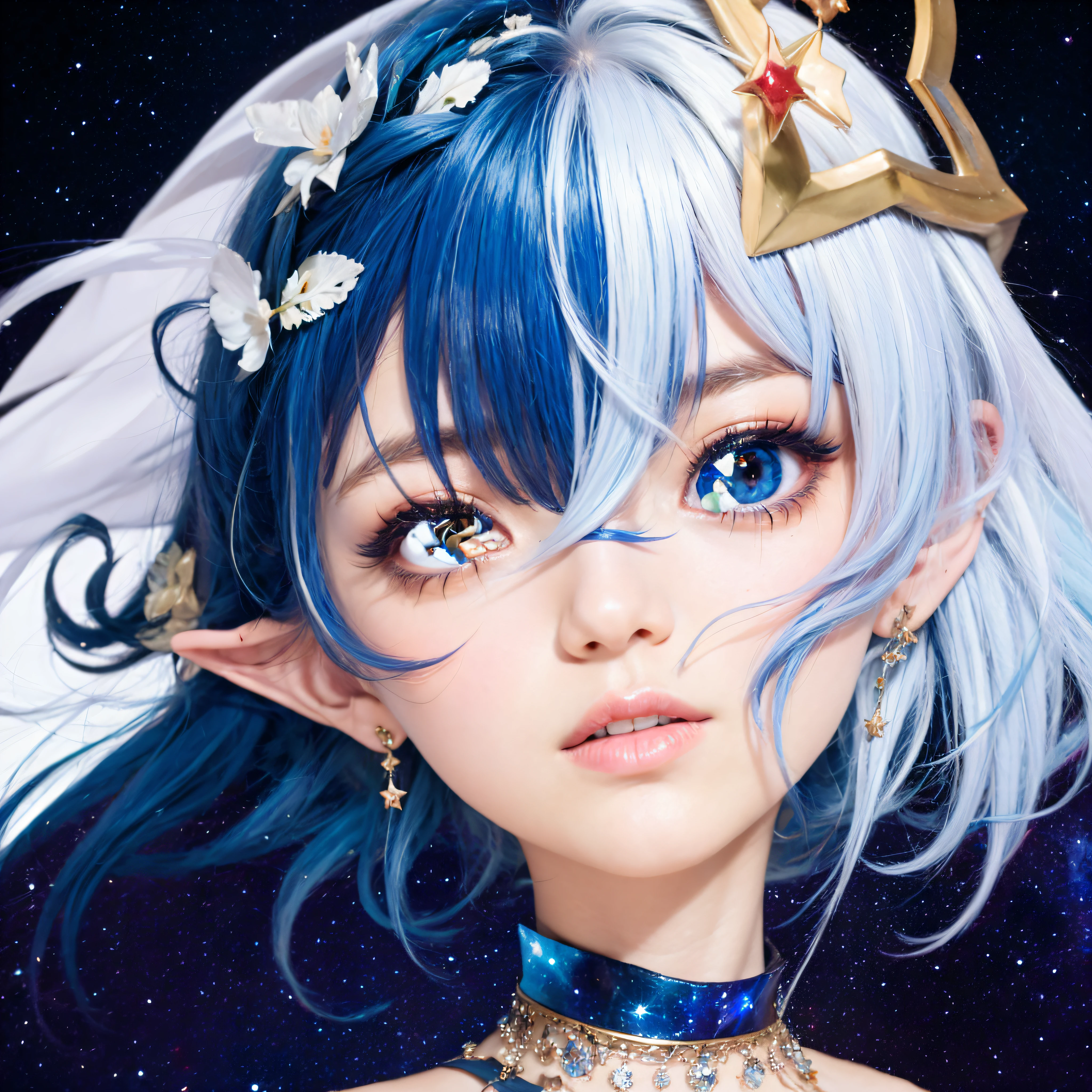 Girl with blue hair and a star crown on her head, Cosmic Hair, goddess of galaxies, anime em estilo fantasia, olhos brilhantes estrelados, fada astral, Menina elfa