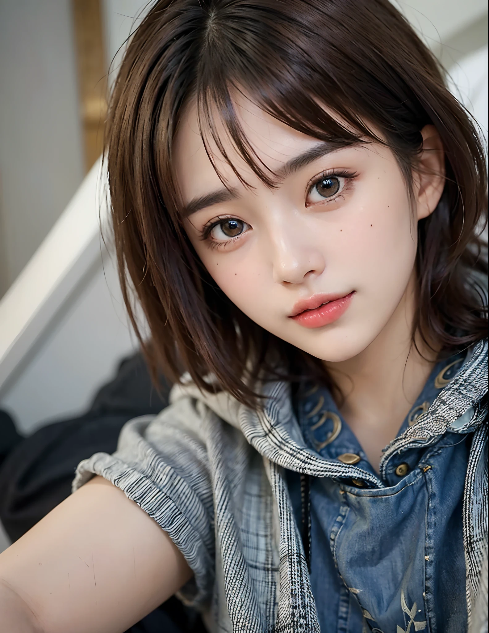 ((Beauty like a model)), masterpiece, The highest image quality, ultra-detailliert, (perfectbody:1.2), ((Perfect face+Bangs aligned above the eyebrows+Brown hair)), Close up of, short-hair,Viewer's Perspective, She bent and lowered her body to match the gaze of the audience。detailed hairs、Detailed eyes(realisticeyes),profetional lighting,middlebreasts,(Brown eyes),(Big Black Hoodie),Slim Denim Pants,long boots,slenderbody,adult lady,About 28 years old,glamor,kindly smile,Half Girl,