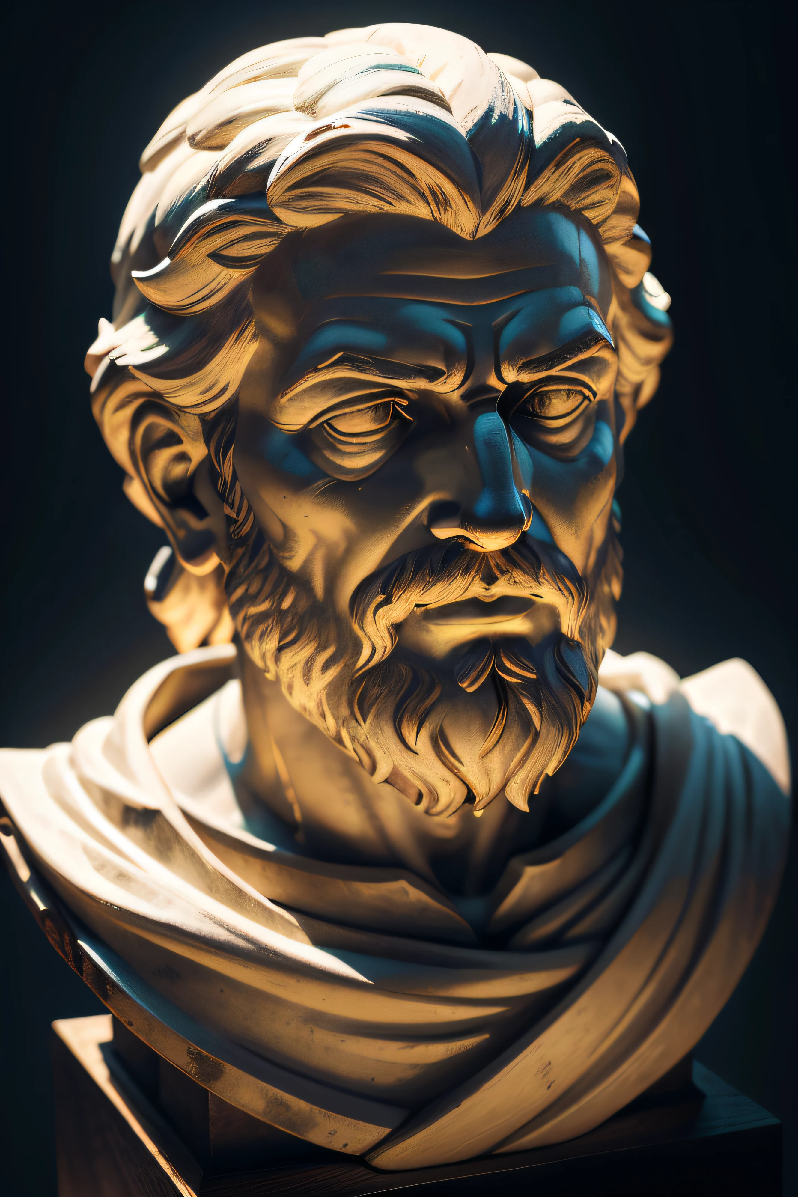 Create an inspiring 8K image depicting a 3rd century Greek philosopher.C., immortalized as a statue. Ambiente a cena em um ambiente sombrio e misterioso, with the figure of the philosopher blurred, but enigmatically illuminated by epic lights and shadows. The resulting image should exude the aura of deep contemplation and wisdom.