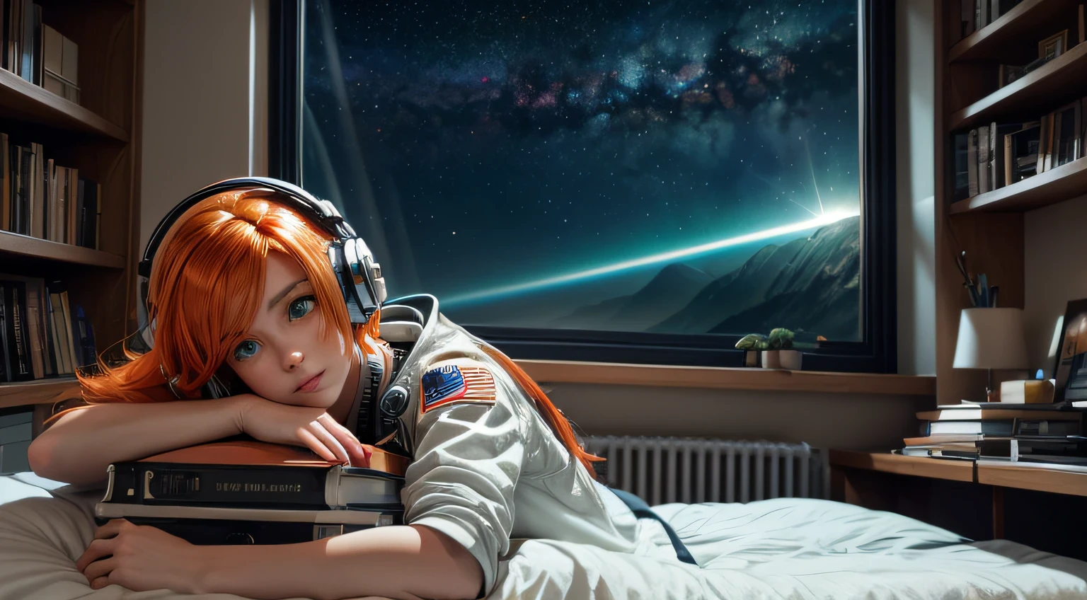 {{masterpiece}}, best quality, extremely detailed CG unity 8k wallpaper, anime style, cinematic lighting, lens flare, dust, colorful light, particles, heterochromia, (colorful:1.5), cinematic, wide shot, retro futuristic room, bed, shelves full of books, beautiful astronaut girl, ((lying on your back in bed)), ((Hands Behind Head)), listening music with headphones, headphones cable connected to a futuristic music amp, ((orange hair)), ((green eyes)), ((fine freekles)), Desk with computer display faced front and an astronaut helmet and some books, window to the outside with planet earth in the sky, stars, colorful nebula, table with a retro mixer,