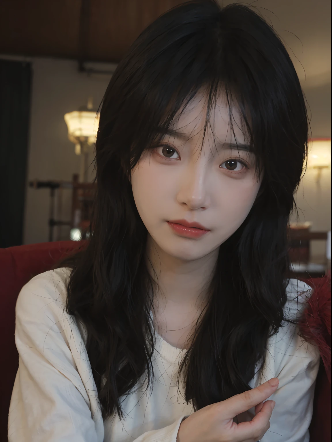 best qualtiy， 超高分辨率， （realisticlying：1.4）， A woman with long black hair and a gray sweater, 中景 the scene is, she has red hair，By bangs, young lovely Korean faces, wan adorable korean face, ulzzangs, Shin Jinying, beautiful aesthetic face, Korean face features, Played by Liu Lee Ji Eun ，Beautiful realistic face