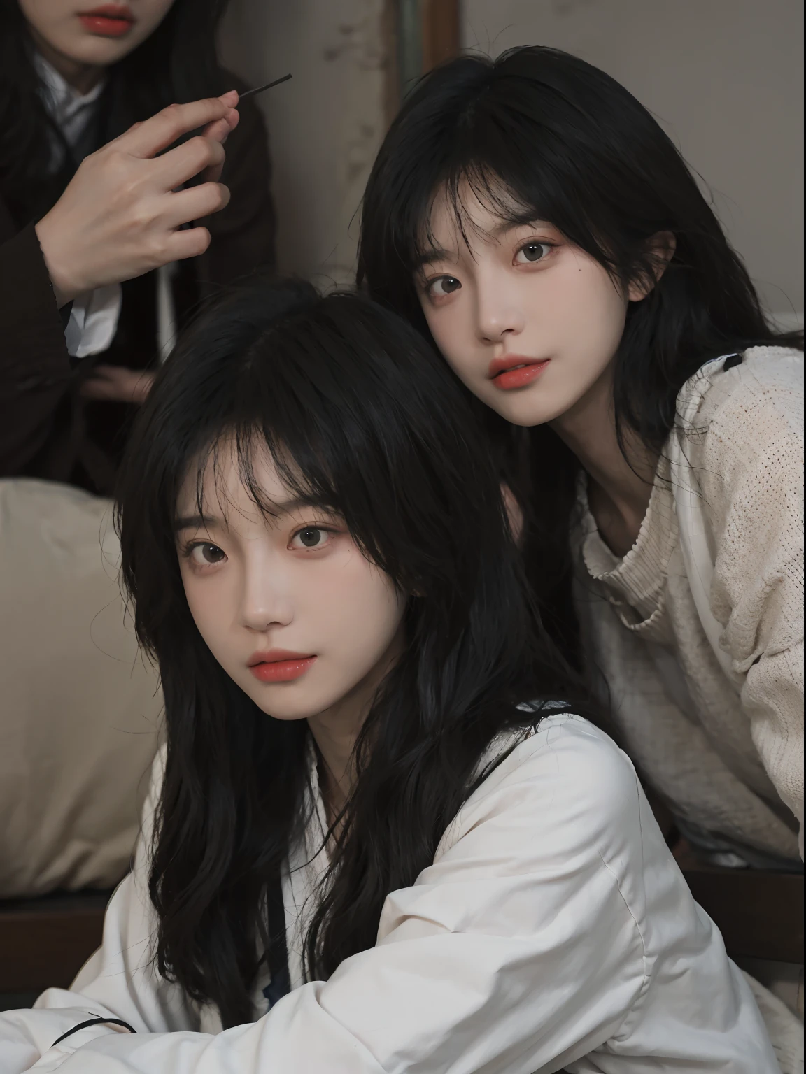 best qualtiy， 超高分辨率， （realisticlying：1.4）， A woman with long black hair and a gray sweater, 中景 the scene is, she has red hair，By bangs, young lovely Korean faces, wan adorable korean face, ulzzangs, Shin Jinying, beautiful aesthetic face, Korean face features, Played by Liu Lee Ji Eun ，Beautiful realistic face