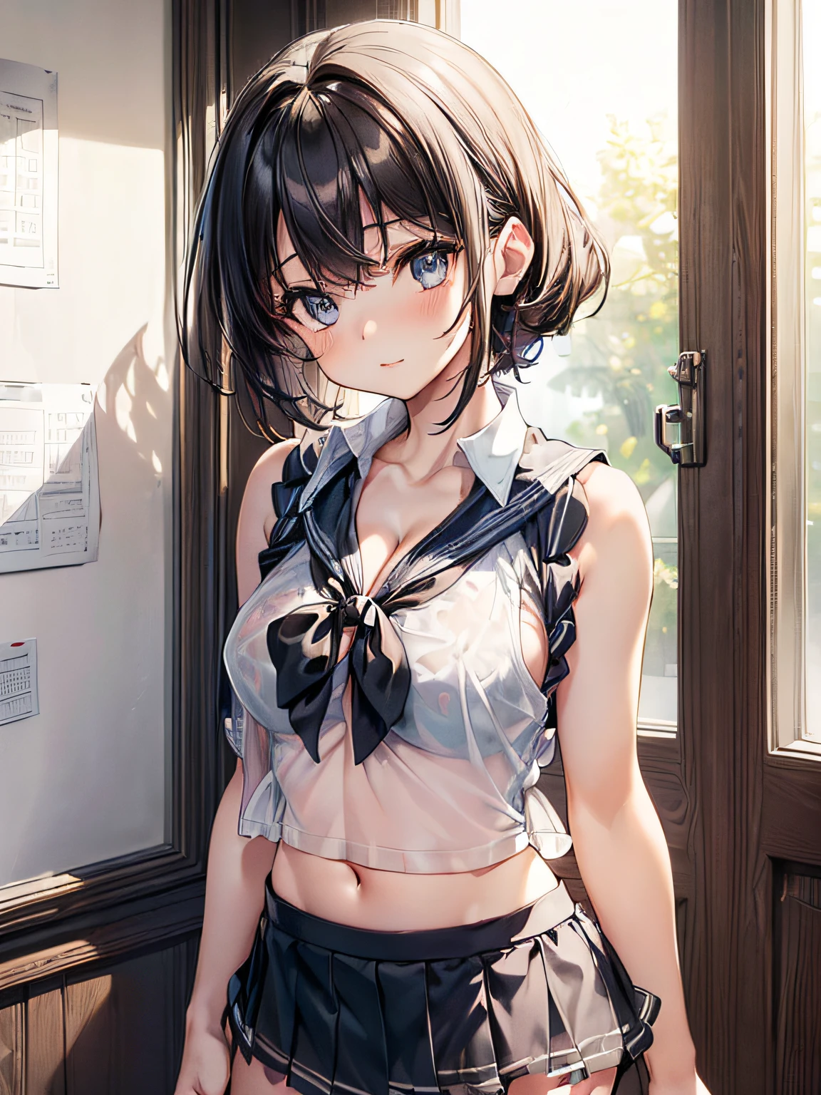 (((toppless))), (((Sheer school uniform, Sleeveless ))), (((Show cleavage))), (((Large breasts))), (((Open front))), (((Sheer Micro Mini Skirt))), Detailed beautiful eyes, (((Sunny))), extremely detailed CG unified 8k wallpaper, very fine 8KCG wallpaper, (masterpiece, Best Quality), High resolution, Ultra-detailed, ultra-sharp, 1 girl, Naked, (((Sheer Micro Mini Skirt))), Perfect Eyes Eyes