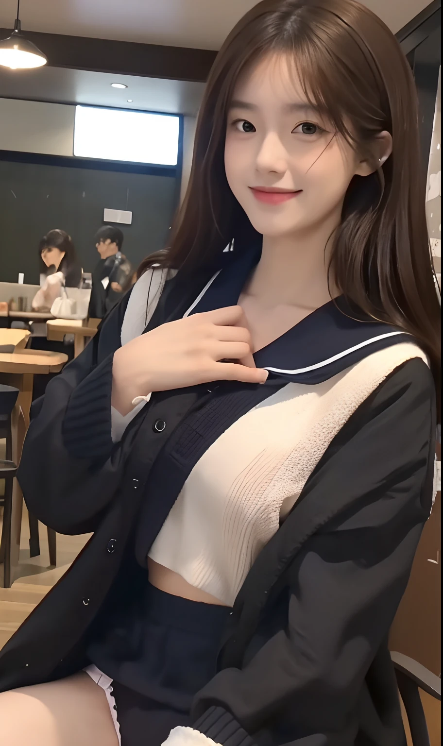 Woman sitting on chair in café、((top-quality、8K、masterpiece:1.3))、foco nítido:1.2、Beautiful Women in Perfect Style:1.4、Slender Abs:1.2、((dark brown hair、Colossal tits:1.2))、(Manteau、a sailor suit、Blazer Uniform、a miniskirt、Panchira、Panties are visible)、Highly detailed facial and skin texture、A detailed eye、二重まぶた、A smile、