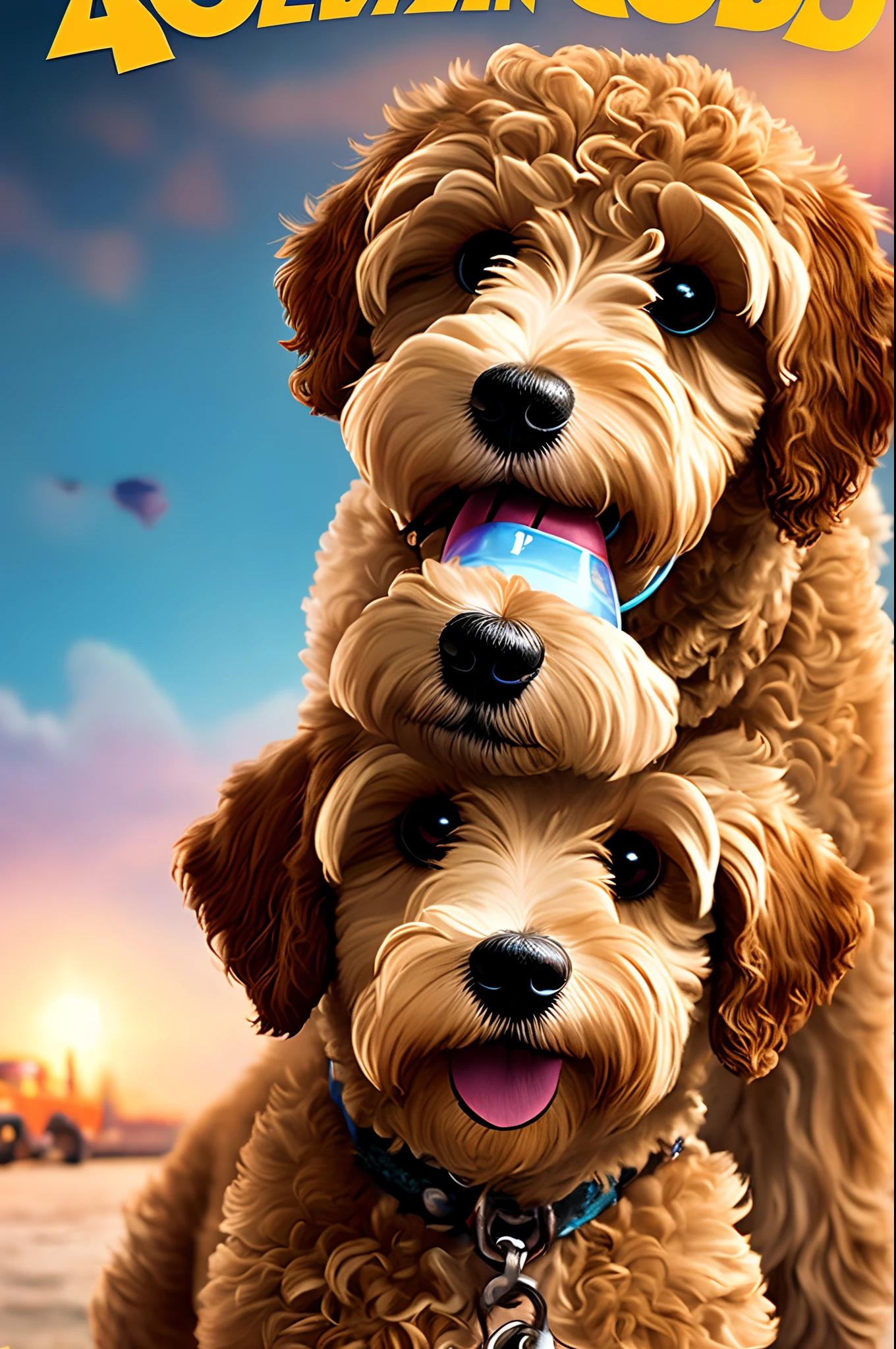 A mini golden doodle named Archie on a Disney Pixar movie poster. The movie is called Archie.