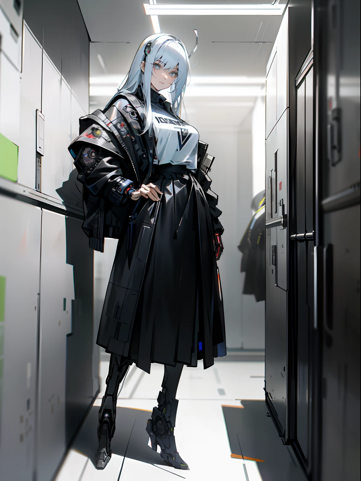 Arad woman in a black leather skirt posing in the hallway, an oppai cyberpunk, female cyberpunk anime girl, perfect android girl, Cyberpunk 2 0 y. o model girl, cyberpunk anime girl, Cyberpunk girl, gynoid cyborg body,