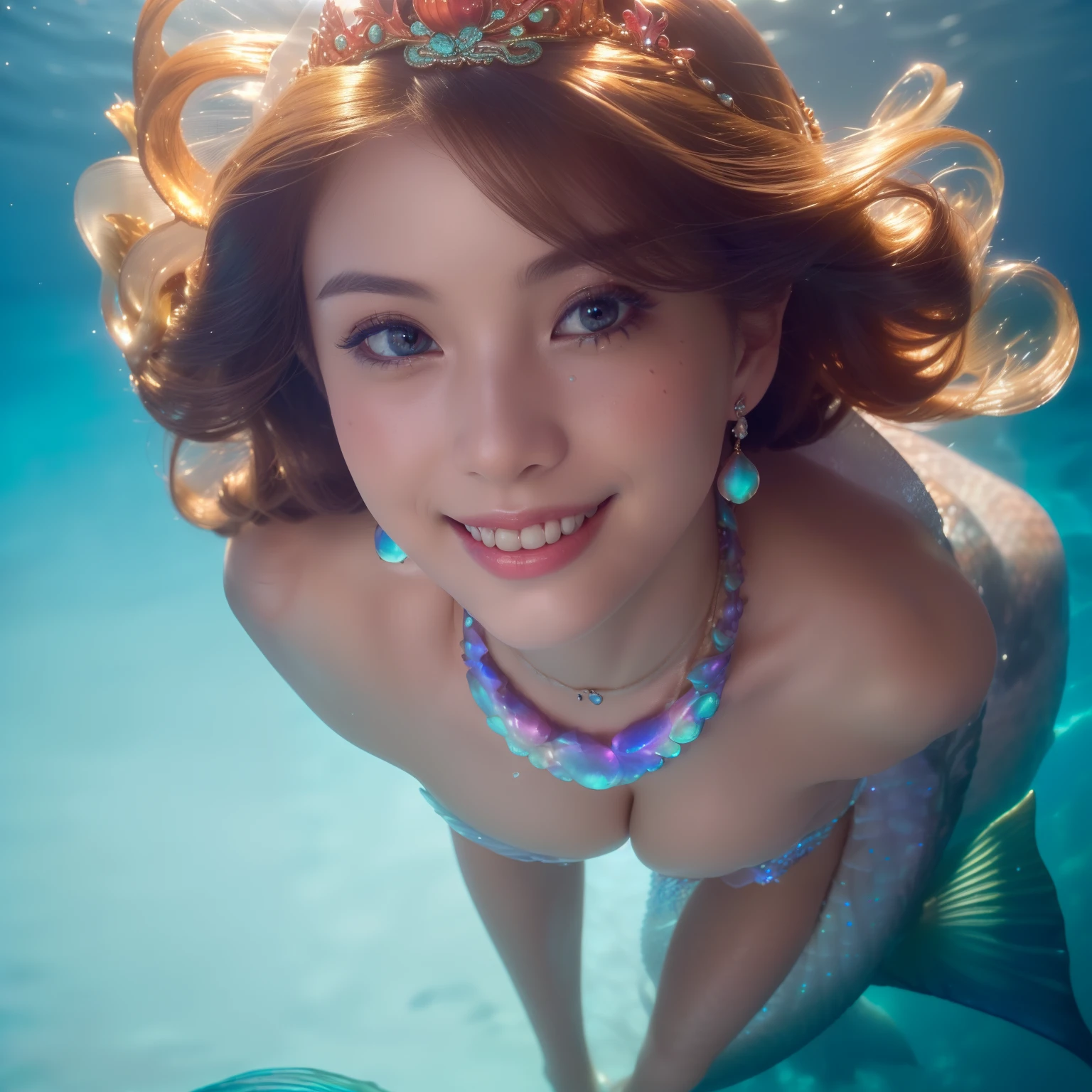 (((Masterpiece、top-quality、The most intricate and detailed details)))、(((Little Mermaid,mermaids,Beautiful scales that shine fantastically,Realistic scale,Very intricately glowing scales,Half-fishman,A dark-haired,japanes))),(((The whole body is shown,Her whole body,Photograph the whole body,The whole body is shown,Iridescent scales,The most intricate and detailed scale brilliance、The most complex and detailed scales、Describe the face in the most detail、The most luxurious and complex princess costume mermaid princess,Japan Little Mermaid,with an intricate, Finely shining scales,Full Body Jewelry Decoration,The Most Gorgeous Princess Costume,The most gorgeous decoration,Intricate jewels all over her body,de pele branca,fair glowing skin,Detailed her face,Glowing scales,Very finely drawn scales,Giant Tiara,Huge top-of-the-line necklace))),((Graceful and beautiful,Shining water,She is swimming in the sea,swimming through the ocean,Swim dynamically,)),(((There are many beautiful sea creatures in the background,Lots of coral and tropical fish,beautiful corals,Beautiful fish,Under the sea, Lots of tropical fish,Sunlight shines in, shining water surface,Glittering Sea,Deep sea,The sea is deep,Hair swaying in the water,There are sea creatures,Detailed depiction of the complex underworld)))、((A detailed face,face perfect,beautiful smiling face,Big smile,Quality and beautiful face,,Perfect fingers,Perfect hands,Accurate five-finger,Smile at the camera's gaze,Perfect gas chamber,perfect white teeth,Clean teeth,Precise teeth,Colossal tits,large full breasts))((The background is a fantastic sea,The sea sparkles like a jewel,Detailed sea, Fine shine,Glittering Sea,Glittering background))Long、Beautiful sunshine,realskin, glistning skin,pretty skin,masutepiece, in 8K, Beautiful, realisitic,(highdetailskin:1.2),8K Ultra HD, Digital SLR, hightquality, hight resolution,1girll,Beautiful expression,