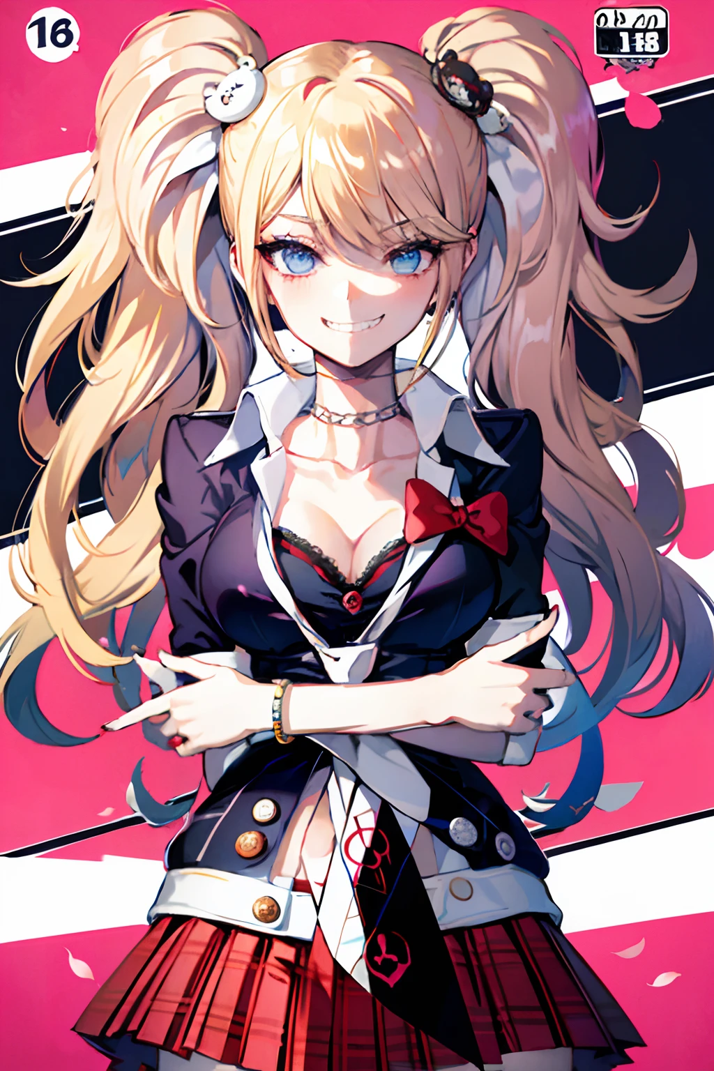 masterpiece, best quality,  full body,
1girl, bangs, black choker, black necktie, blonde hair, blue skirt, blush, bracelet, breasts, choker, clothes around waist, collarbone, collared shirt, cowboy shot, dress shirt, ear piercing, eyebrows visible through hair, gradient hair, grin, gyaru, jewelry, kogal, long hair, looking at viewer, loose necktie, necktie, piercing, plaid, plaid skirt, pleated skirt, red eyes, ring, school uniform, shirt, skirt, smile, solo, white shirt,
street, sky, cherry blossoms, petals,illustration, (magazine:1.3), (cover-style:1.3), fashionable, woman, vibrant, outfit, posing, front, colorful, dynamic, background,  elements, confident, expression, holding, statement, accessory, majestic, coiled, around, touch, scene, text, cover, bold, attention-grabbing, title, stylish, font, catchy, headline, larger, striking, modern, trendy, focus, fashion,