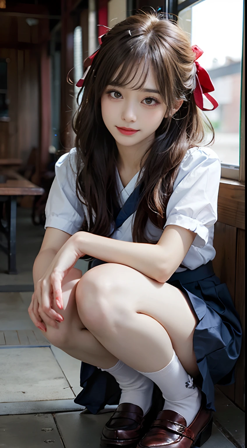 ((Dark blue socks)) Put your hands on your knees ((Brown loafers)a blond、((White panties are visible))(Squatting panty shots)二重まぶた Lashes beatiful detailed eyes、ultra-detailliert、Transcendent beauty top-quality、masterpiece、、(Japanese girls' high school uniform))、Very detailed expression school classrooms Highly detailed appearance girl、front facing、((dynamicposes)))、pleatedskirt、Ribbon 1,2 Sexy Upper Eyes A slight smil low angles、pantiy