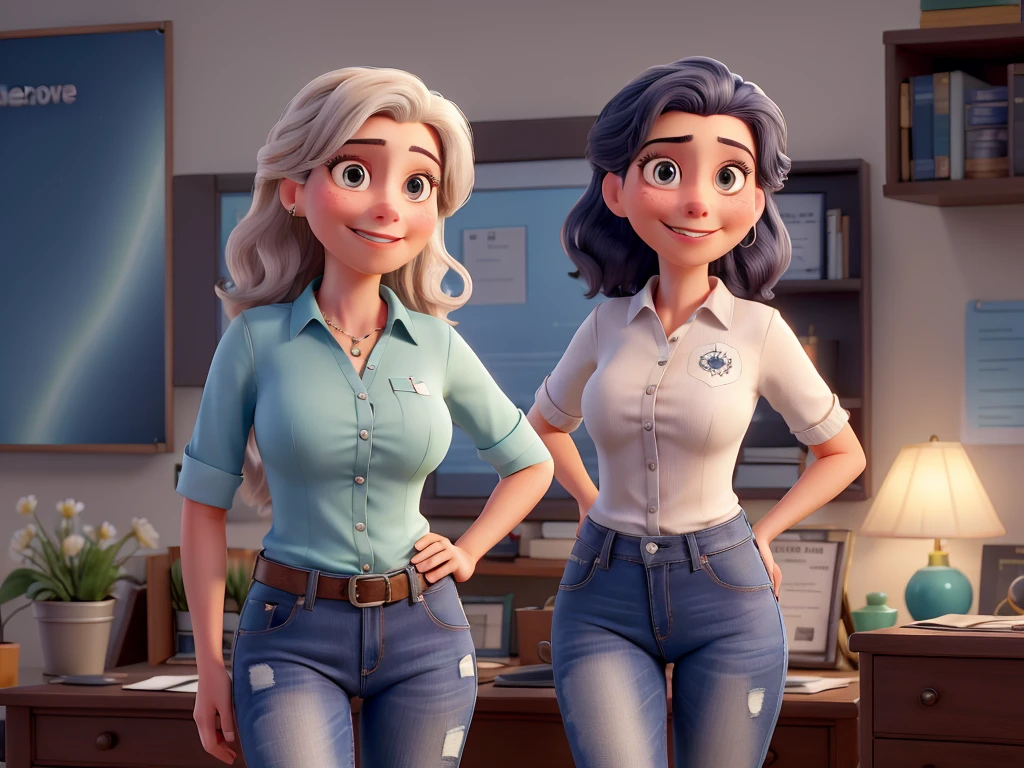 Por favor, create a series of high-quality portraits of the character Aurora Arruda, A young and successful Brazilian businesswoman. She's a young woman, por volta de seus 28 anos, de pele branca, cabelos lisos, compridos e castanhos que atingem a cintura. Em cada retrato, Aurora will be smiling, Looking straight into the camera and with open arms was holding something, in poses of a poster girl and varied scenarios. Ademais, gostaria de explorar diferentes estilos de roupas para Aurora em cada retrato. She will be dressed in a navy blue polo collar shirt, jeans liso sem estar rasgado e saltos. Make sure the portraits convey Aurora's personality and versatility as a successful businesswoman in her new office. Por favor, provide a series of full-body images that highlight Aurora Arruda's beauty and confidence in different situations and with different looks, Creating a Collection of Stunning Portraits.