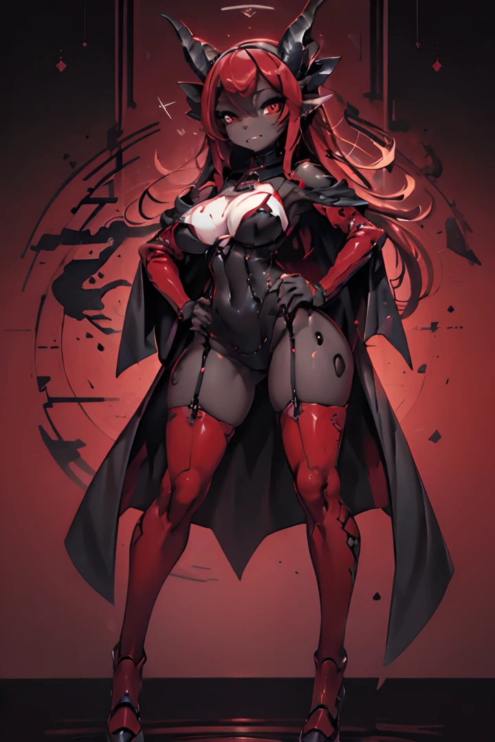 succubus girl, ((bat ears on head)), (succubus horns), (black skin:1.8), detailed eyes, BREAK, red eyes, (ahegao:1.1), freckles, BREAK, (red glowing hair), straight hair, hearts, BREAK, big boobs:1.2, round , BREAK, purple eyeshadow, red gloss, red blush, (thick eyeliner), ((red eyebrows)), BREAK, Professional photography, full body, BREAK, Red Corset and garter, BREAK, cuffs, BREAK, (red stockings:1.5), (lace trim), BREAK, (black heels), hands on hips, full body, standing, BREAK, full body