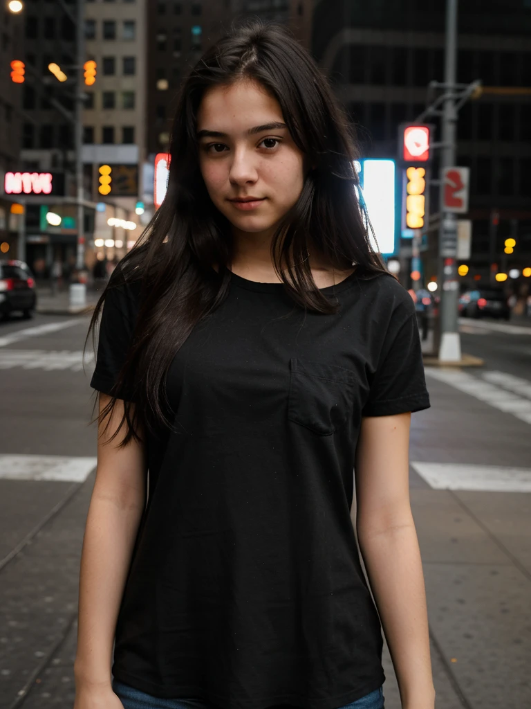 random cinematic portrait cute 18 years old girl straight hair, black shirt in New York