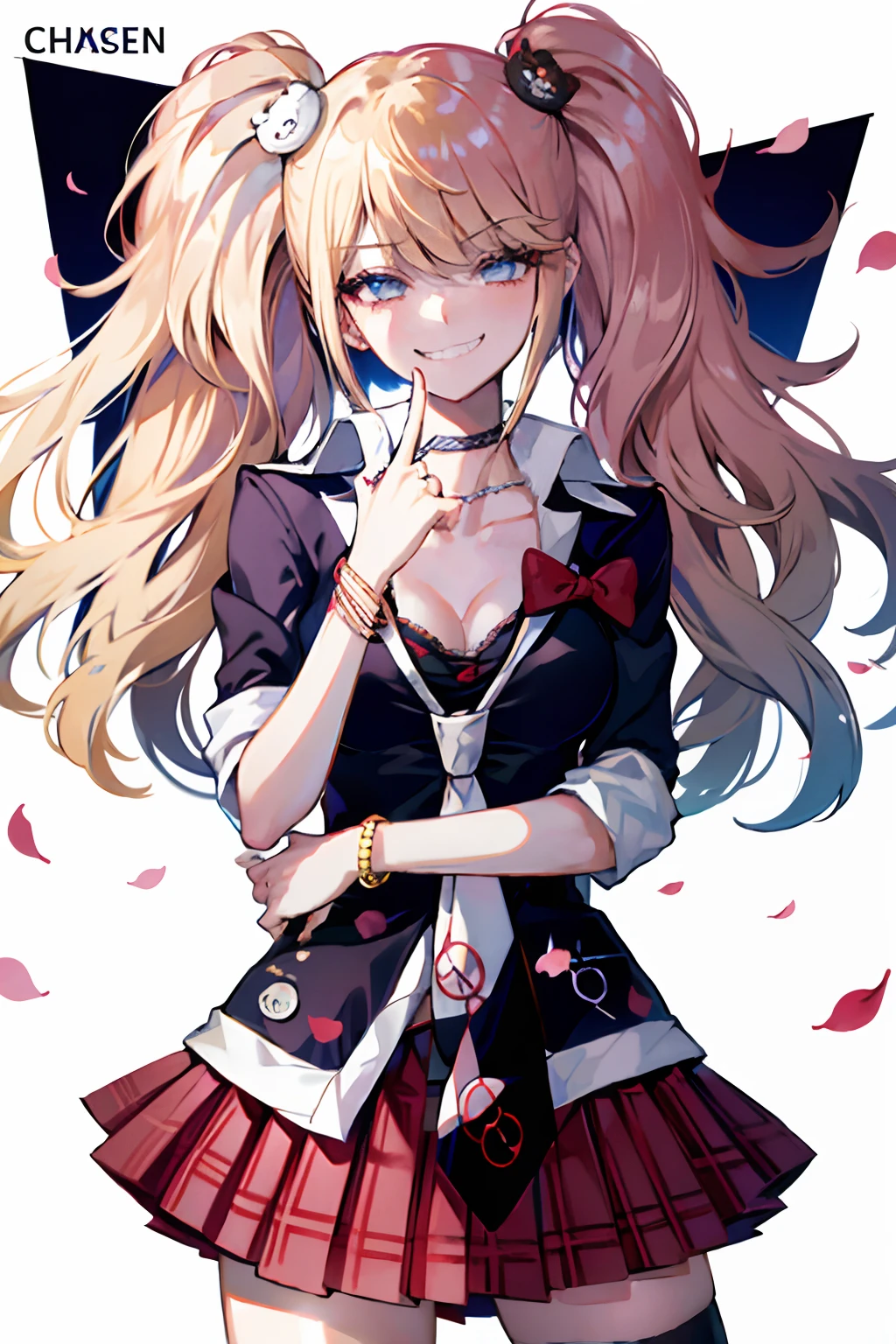 masterpiece, best quality,  full body,
1girl, bangs, black choker, black necktie, blonde hair, blue skirt, blush, bracelet, breasts, choker, clothes around waist, collarbone, collared shirt, cowboy shot, dress shirt, ear piercing, eyebrows visible through hair, gradient hair, grin, gyaru, jewelry, kogal, long hair, looking at viewer, loose necktie, necktie, piercing, plaid, plaid skirt, pleated skirt, red eyes, ring, school uniform, shirt, skirt, smile, solo, white shirt,
street, sky, cherry blossoms, petals,illustration, (magazine:1.3), (cover-style:1.3), fashionable, woman, vibrant, outfit, posing, front, colorful, dynamic, background,  elements, confident, expression, holding, statement, accessory, majestic, coiled, around, touch, scene, text, cover, bold, attention-grabbing, title, stylish, font, catchy, headline, larger, striking, modern, trendy, focus, fashion,