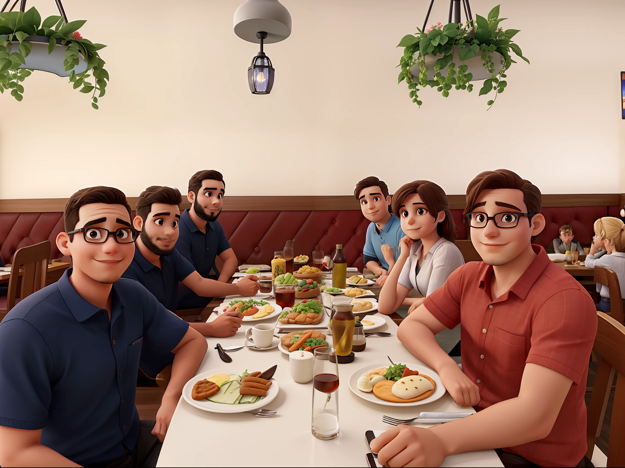Five men, a child and a woman sitting at a table in a restaurant, no one wears glasses