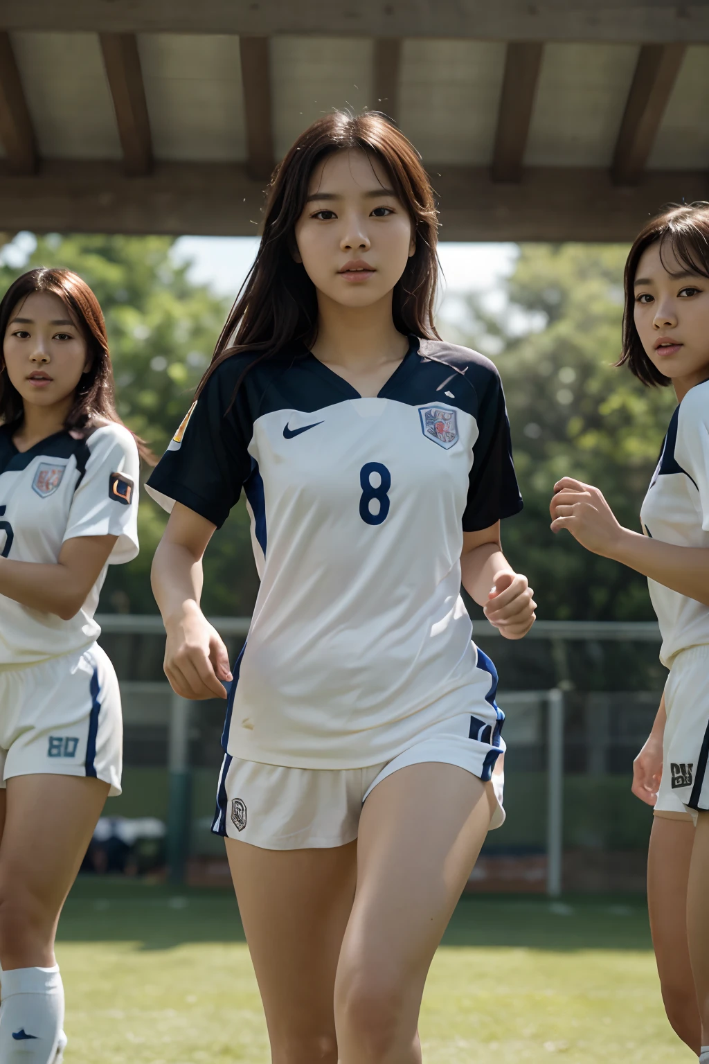 4k, high-res, best quality, (Korean idol), finely detailed skin, smooth face, sharp focus, (cinematic lighting), soft lighting, dynamic angle, [:(detailed face:1.2):0.3], In the afternoon, she joins her friends for a game of soccer, donning a jersey.