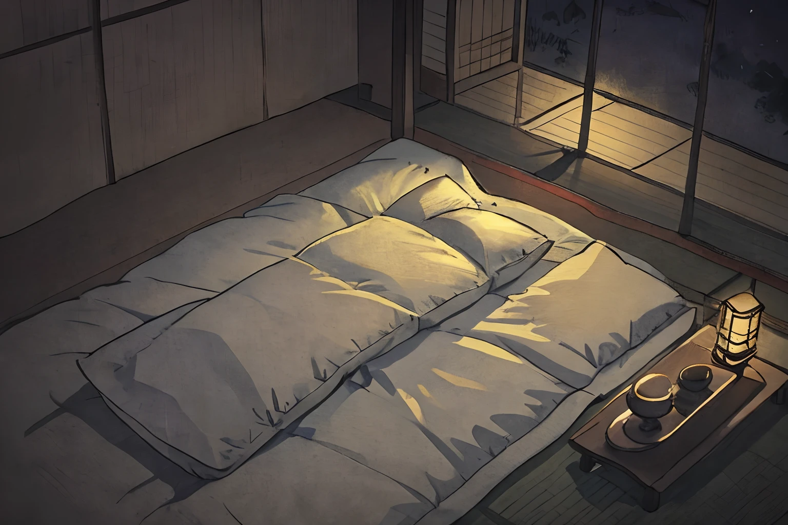 white futon, tatami, pillow, night time, no human,Fallen lighting, darkness